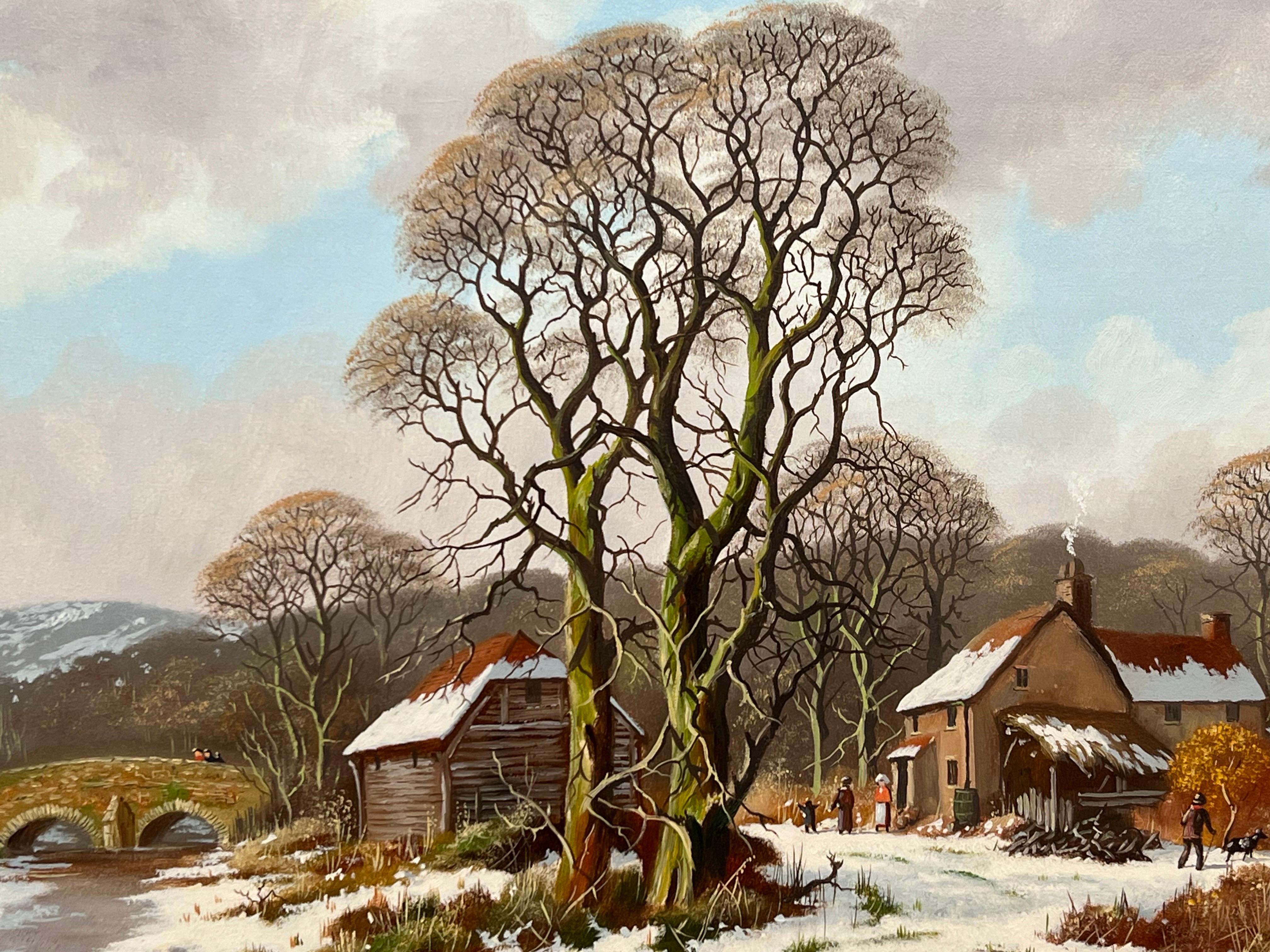 Winter Village Landscape with Families & Children by 20th Century British Artist For Sale 2