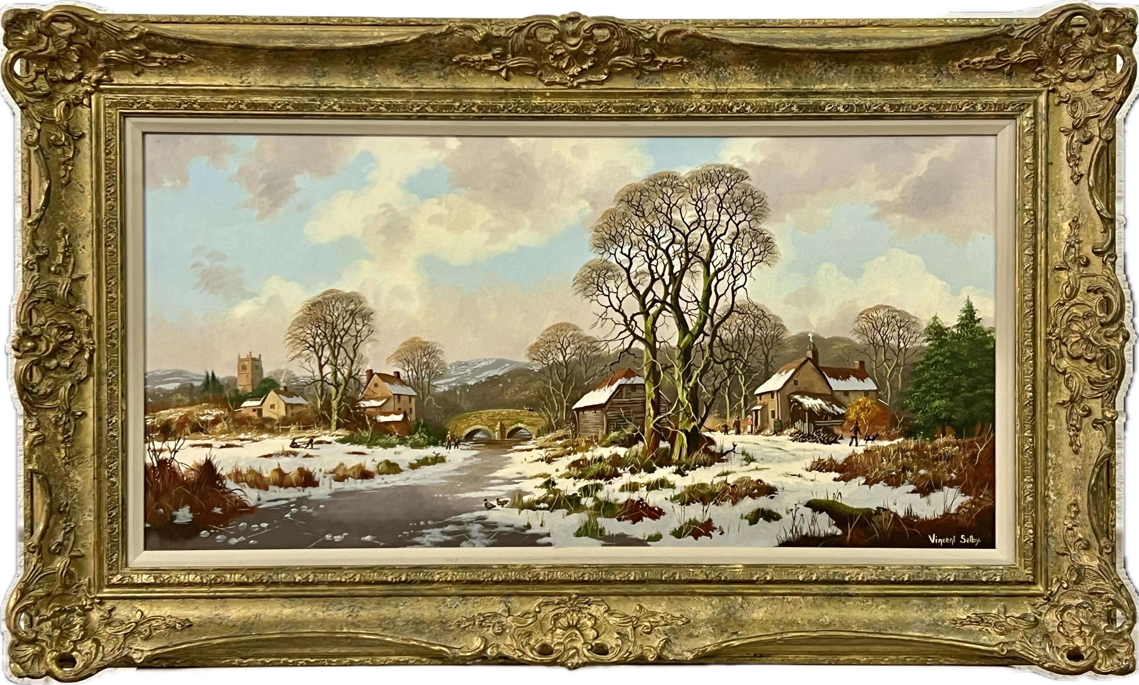 Vincent Selby Landscape Painting – Winterdorf-Landschaft mit Familien und Kindern, britischer Künstler des 20. Jahrhunderts