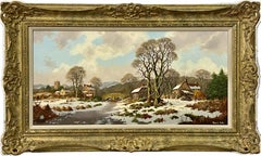 Vintage Winter Village Landscape with Families & Children by 20th Century British Artist