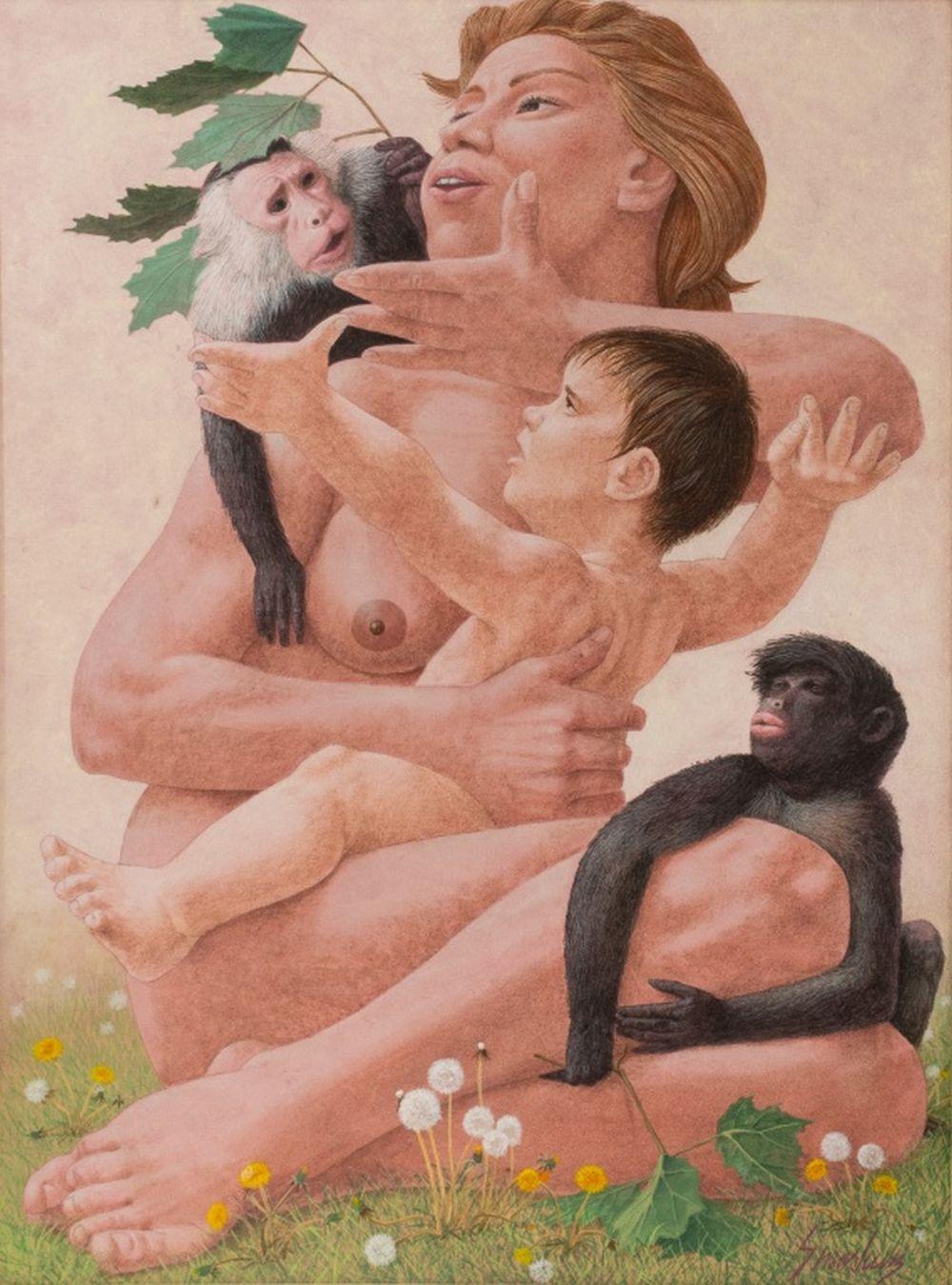Madre, figlio e due scimmie - Painting di Vincent Theodore Smarkusc