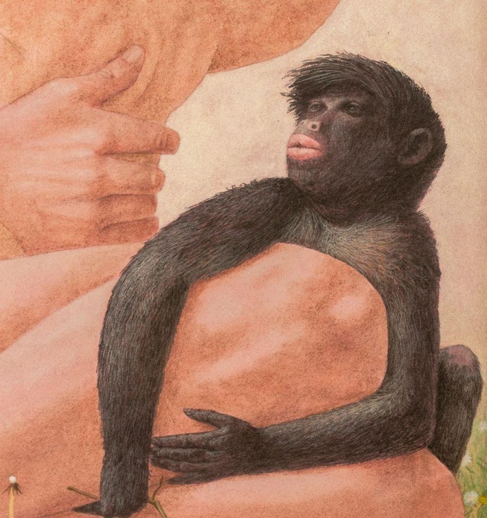 Madre, figlio e due scimmie - Animal Painting Marrone di Vincent Theodore Smarkusc