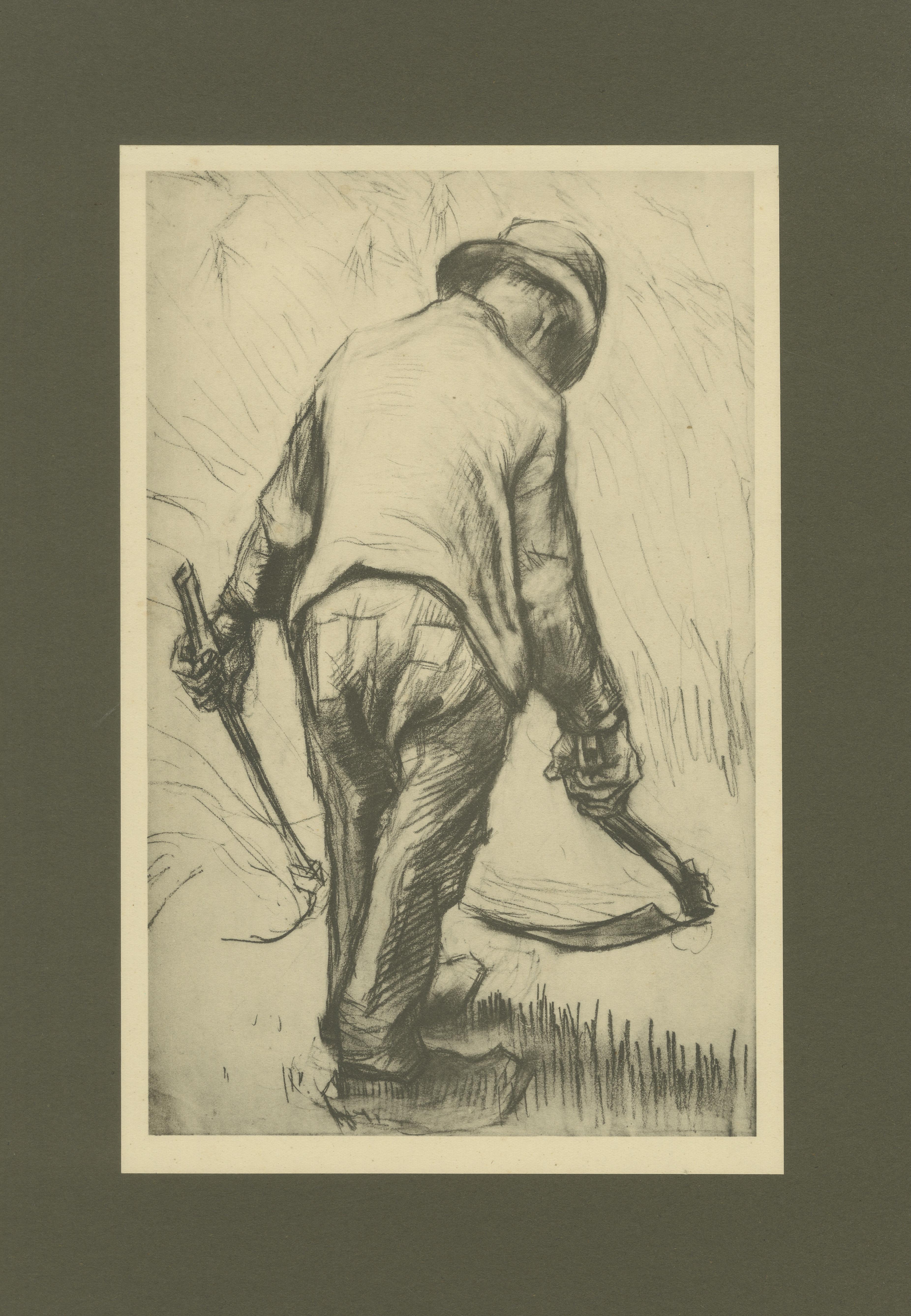 Titolo: Vincent van Gogh - Contadino con falce - Stampa di portafoglio del 1928 del periodo olandese  

Descrizione:  Questa stampa del 1928 è una riproduzione di Contadino con falce, un disegno di Vincent van Gogh creato nel 1881-1882 durante il