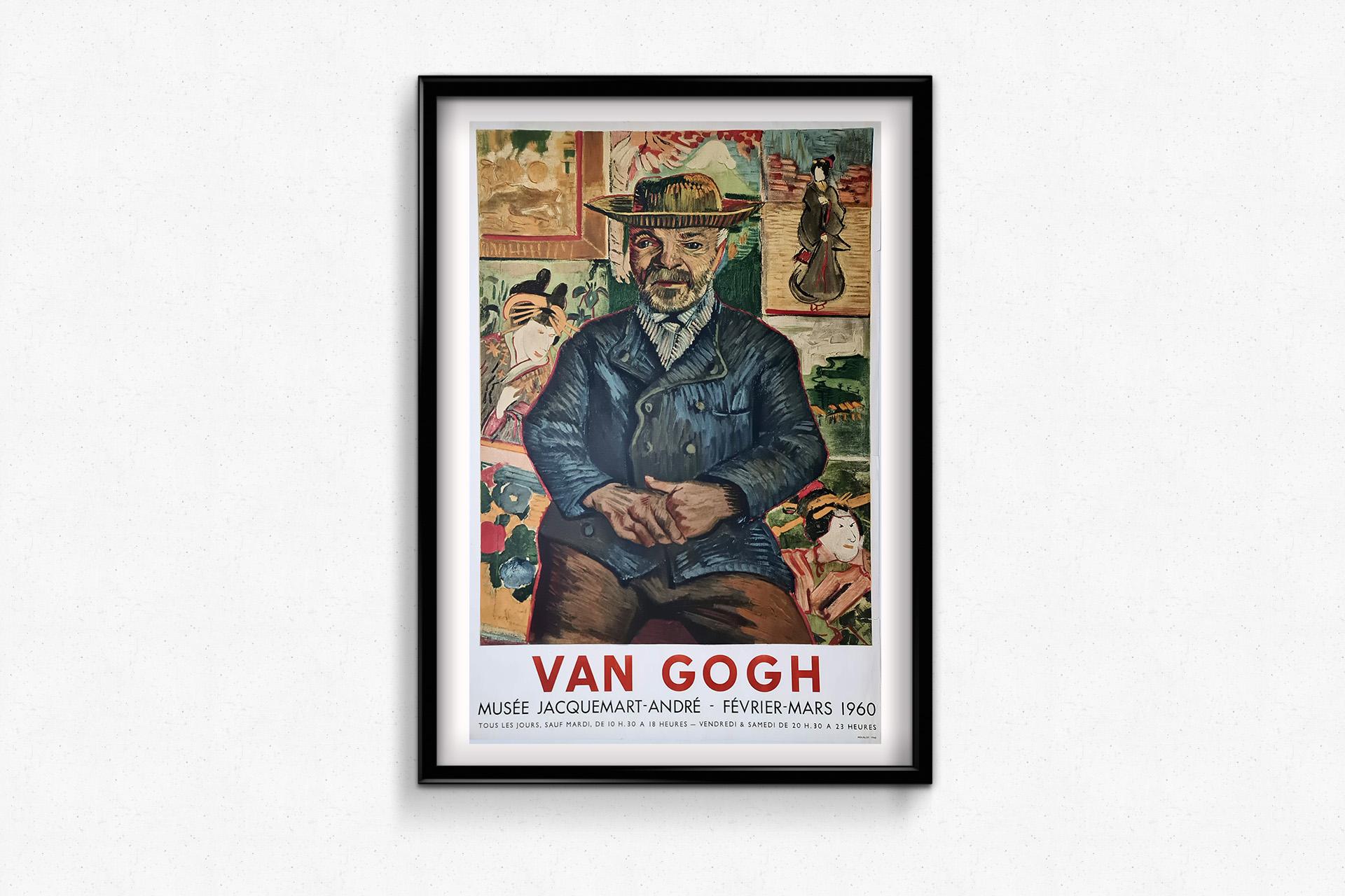 Este llamativo cartel de exposición se realizó para la exposición de Van Gogh en el Museo Jacquemart-André de París, celebrada de febrero a marzo de 1960. Presenta una reproducción de Portrait du Père Tanguy (1887), una de las obras más célebres de