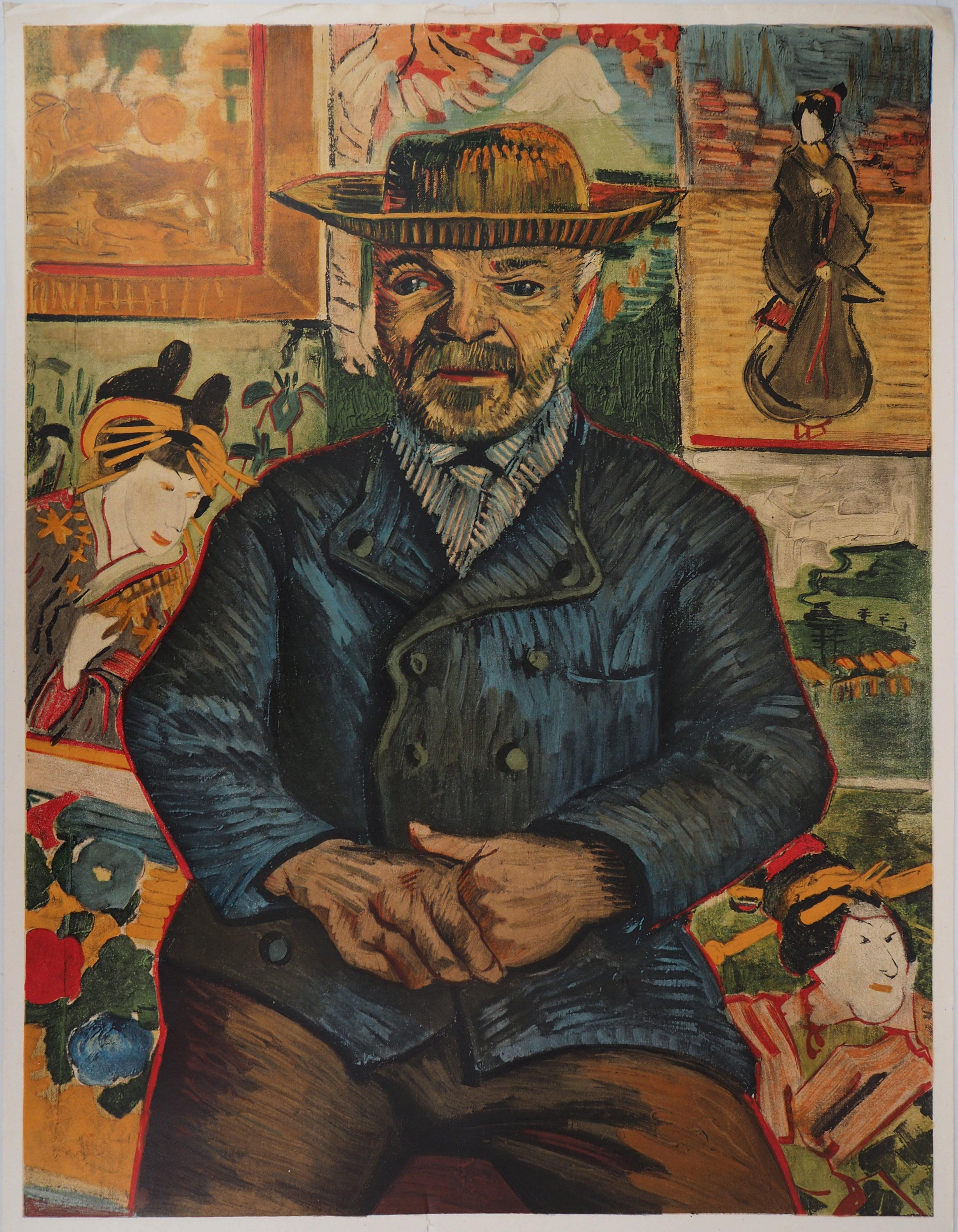 Vincent van Gogh Portrait Print - Father Tanguy (portrait) with Japanese background, lithograph (Mourlot 1960)