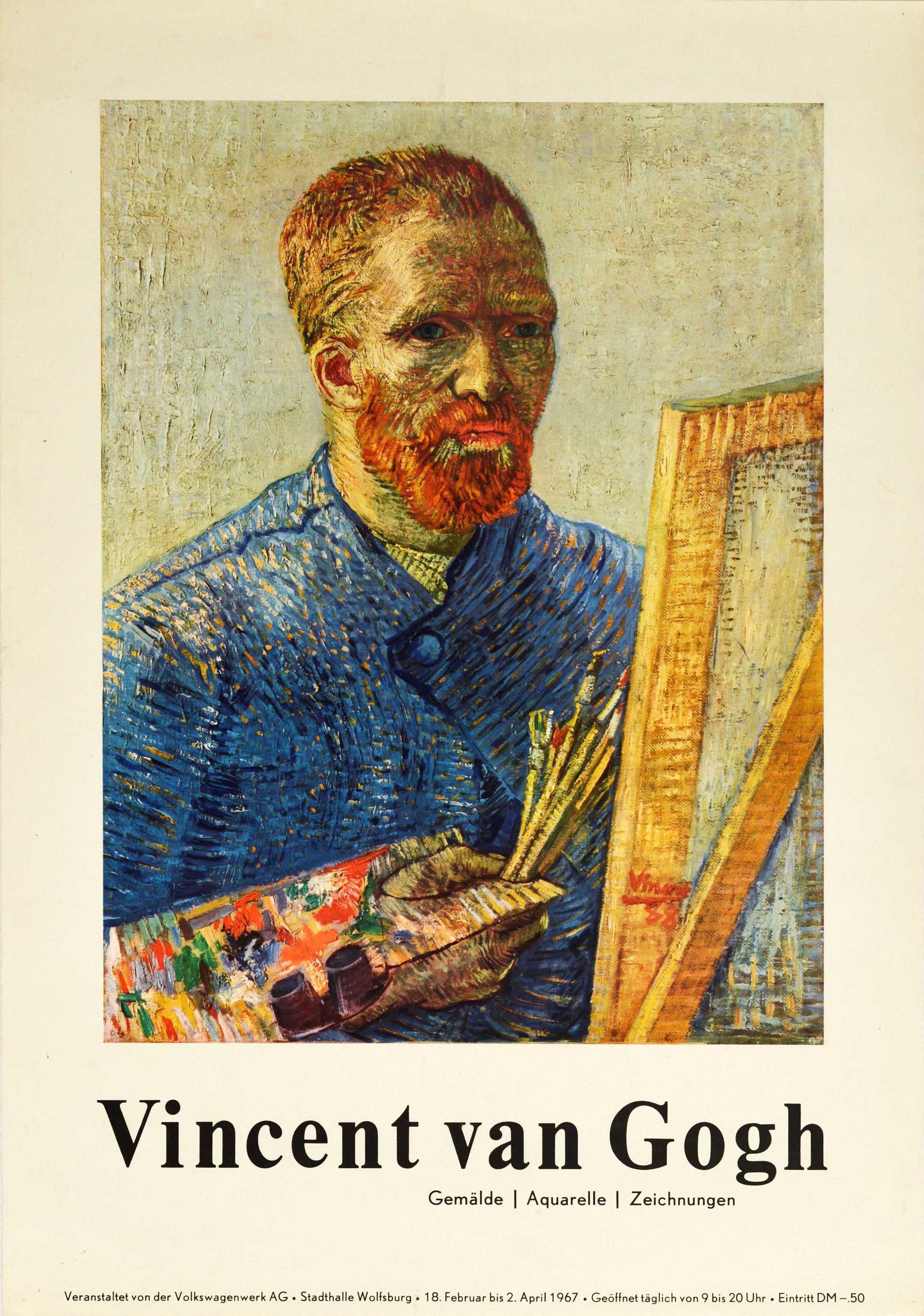 Vincent van Gogh Print – Original-Vintage-Kunstausstellungsplakat Vincent Van Gogh, Selbstporträtgemälde, Vintage