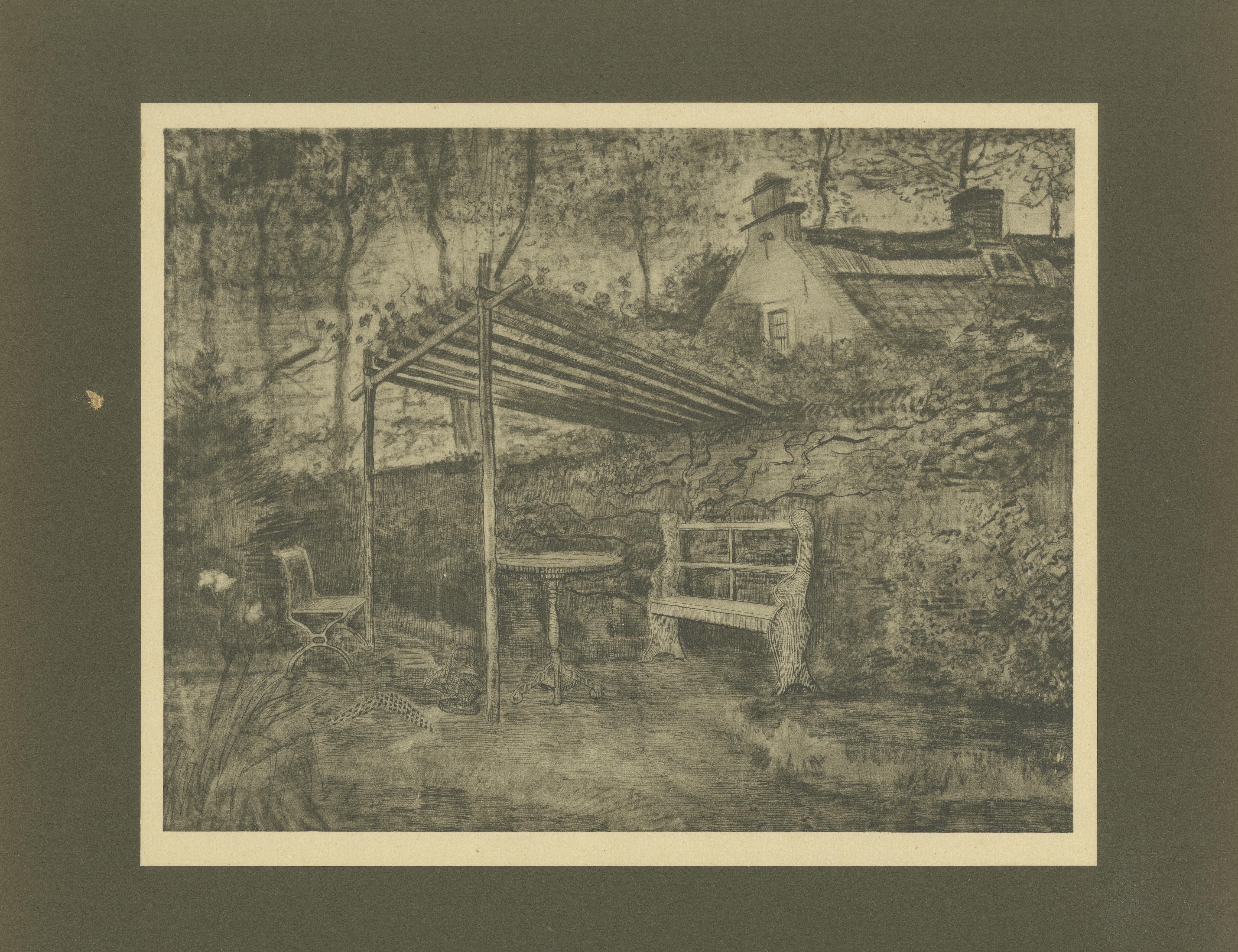 This print is a reproduction of Vincent van Gogh’s drawing 'Terrace of a Café with a Pergola' (also known as The Public Garden with a Pergola), originally created in 1888 in Arles. It was published in 1928 as part of the portfolio 