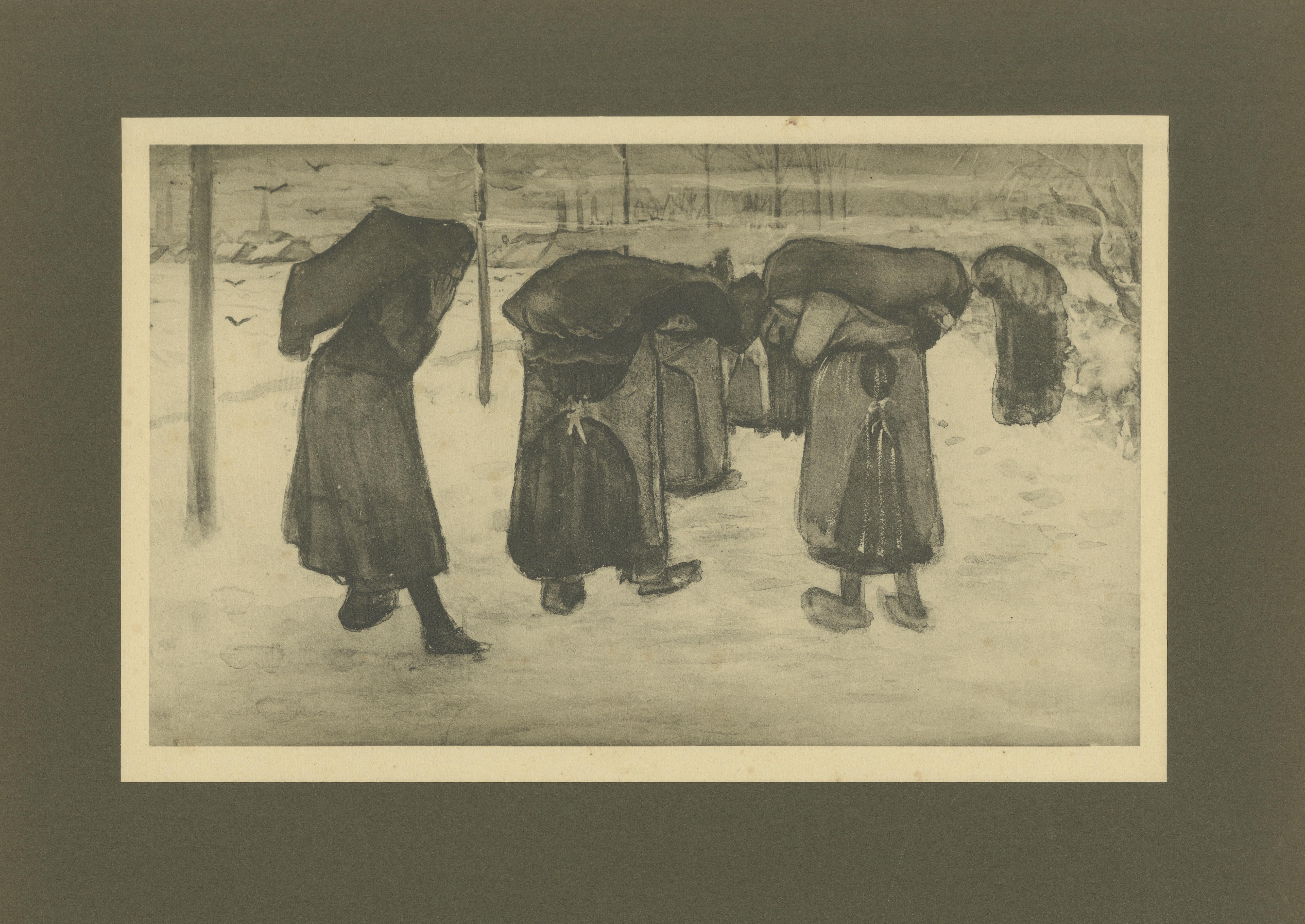 Title: Vincent van Gogh – Women Carrying Sacks in the Snow – 1928 Portfolio Print  

Description:  
This 1928 print is a reproduction of 'Women Carrying Sacks in the Snow', a drawing by Vincent van Gogh created in 1882-1883 during his Dutch period.