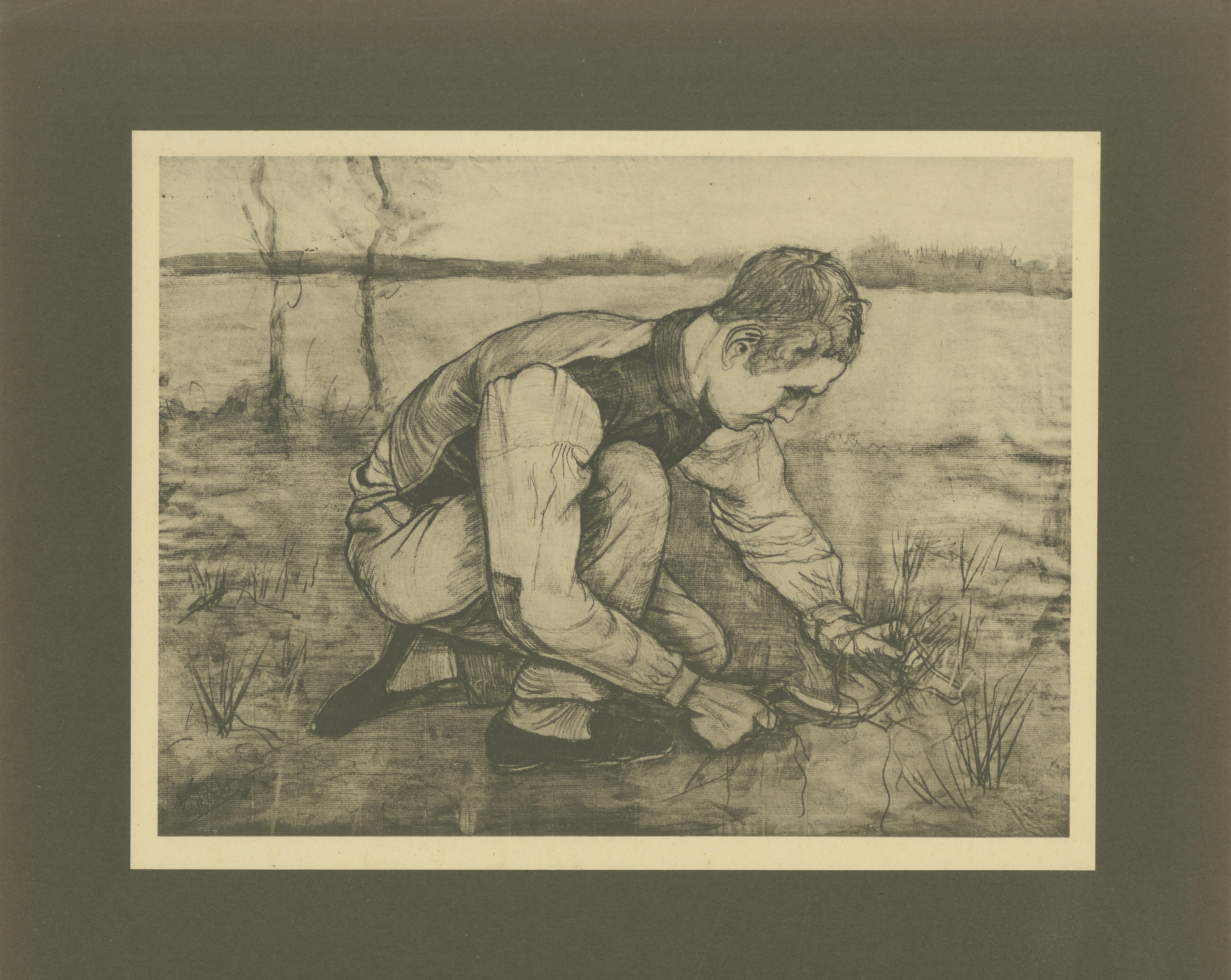 Title: Vincent van Gogh – Young Peasant Cutting Grass – 1928 Portfolio Print  

Description:  
This 1928 print is a reproduction of 'Young Peasant Cutting Grass', a drawing by Vincent van Gogh created in 1881-1882 during his Dutch period. The scene