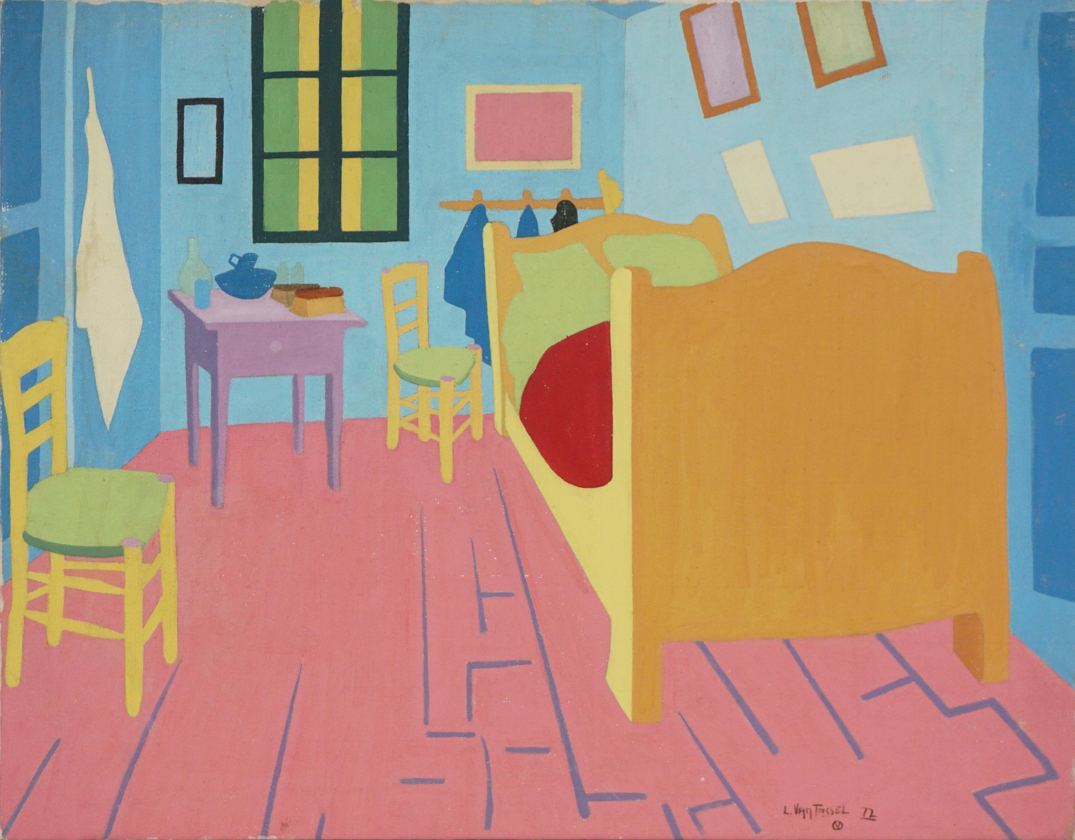 Vintage oil painting after Vincent Van Goth's "Bedroom in Arles" 

This is a wonderful modern take of an iconic Vincent Van Goth interior painting "Bedroom in Arles" (French: La Chambre à Arles; Dutch: Slaapkamer te Arles) by artist Linda Van