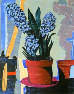 ''Jacinto'' xilografía contemporánea con jacintos azules en el interior