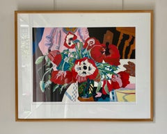 ''Papavers'' Contemporary Woodcut with Red Poppies in Vase in Interior