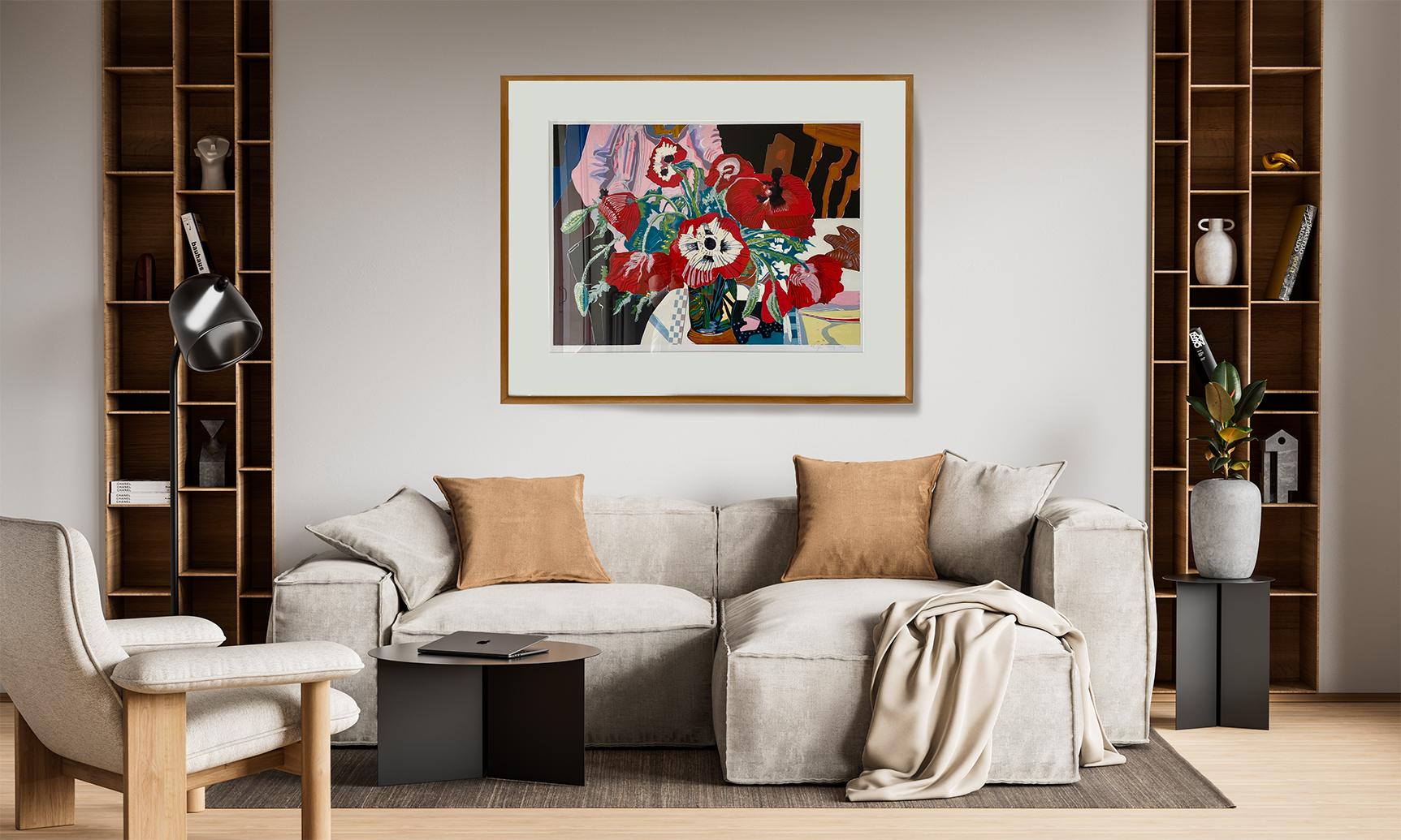 ''Papavers'' Gravure sur bois contemporaine avec coquelicots rouges dans un vase à l'intérieur en vente 2