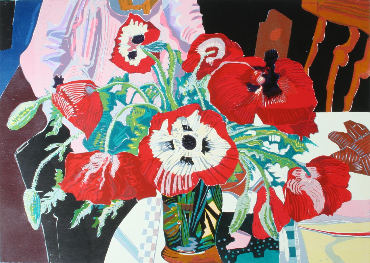 ''Papavers'' xilografía contemporánea con amapolas rojas en jarrón en el interior