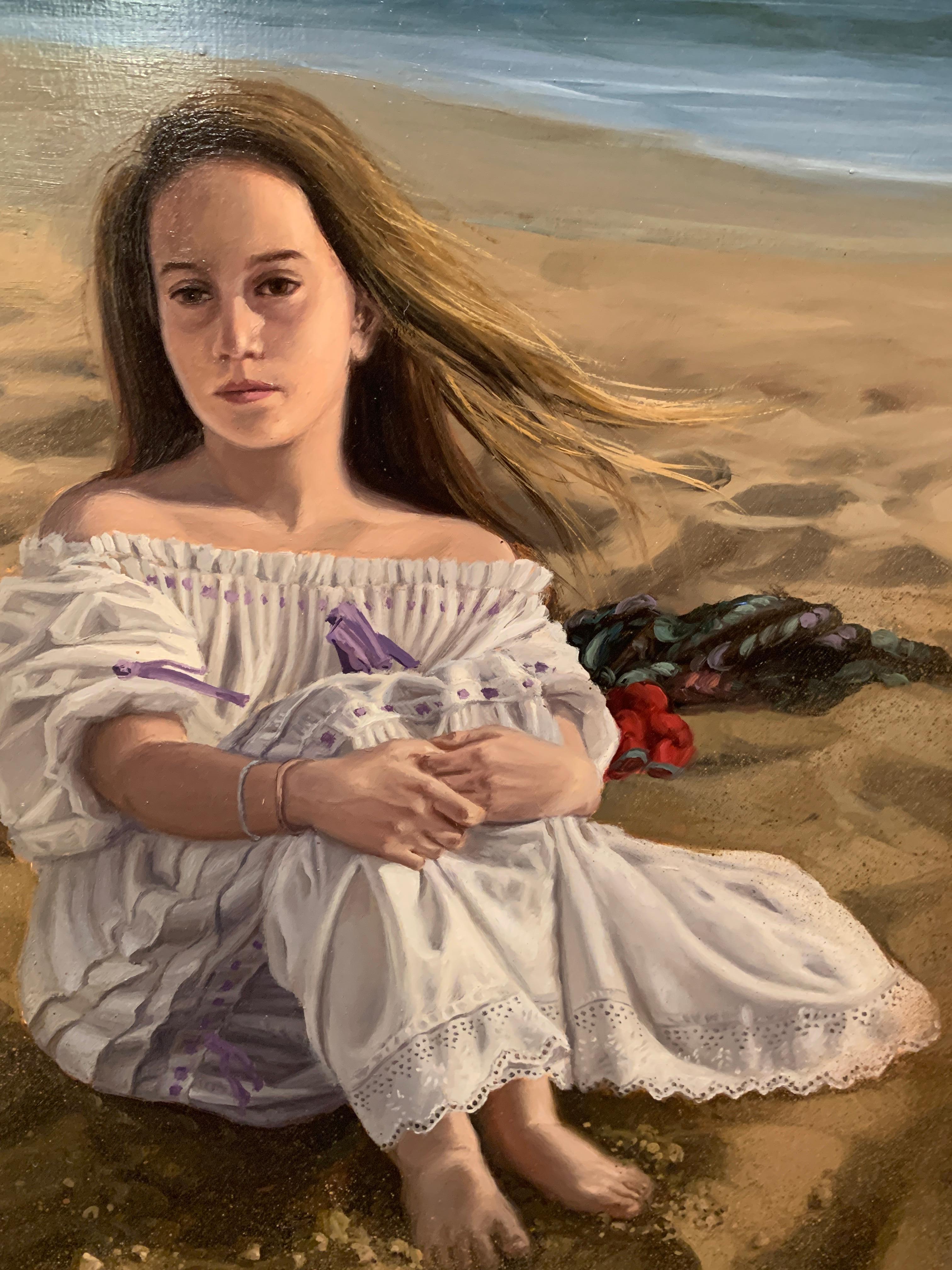 Girl Sitting On Beach - Painting by Vincente Esparza