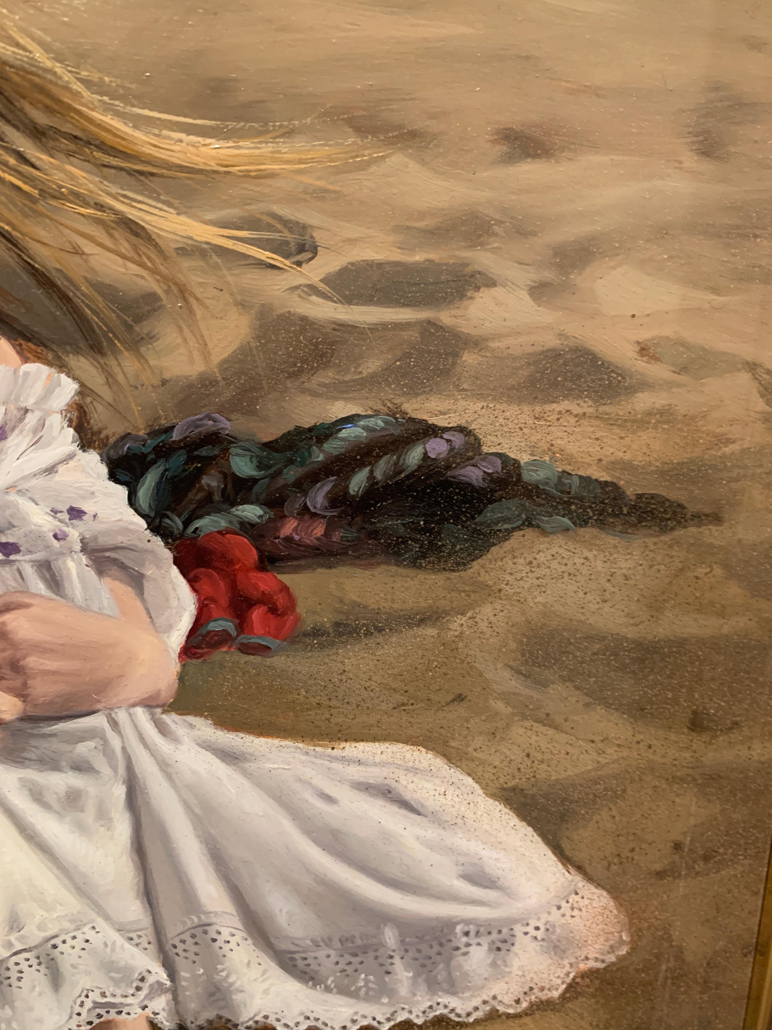 Mädchen am Strand sitzend (Realismus), Painting, von Vincente Esparza