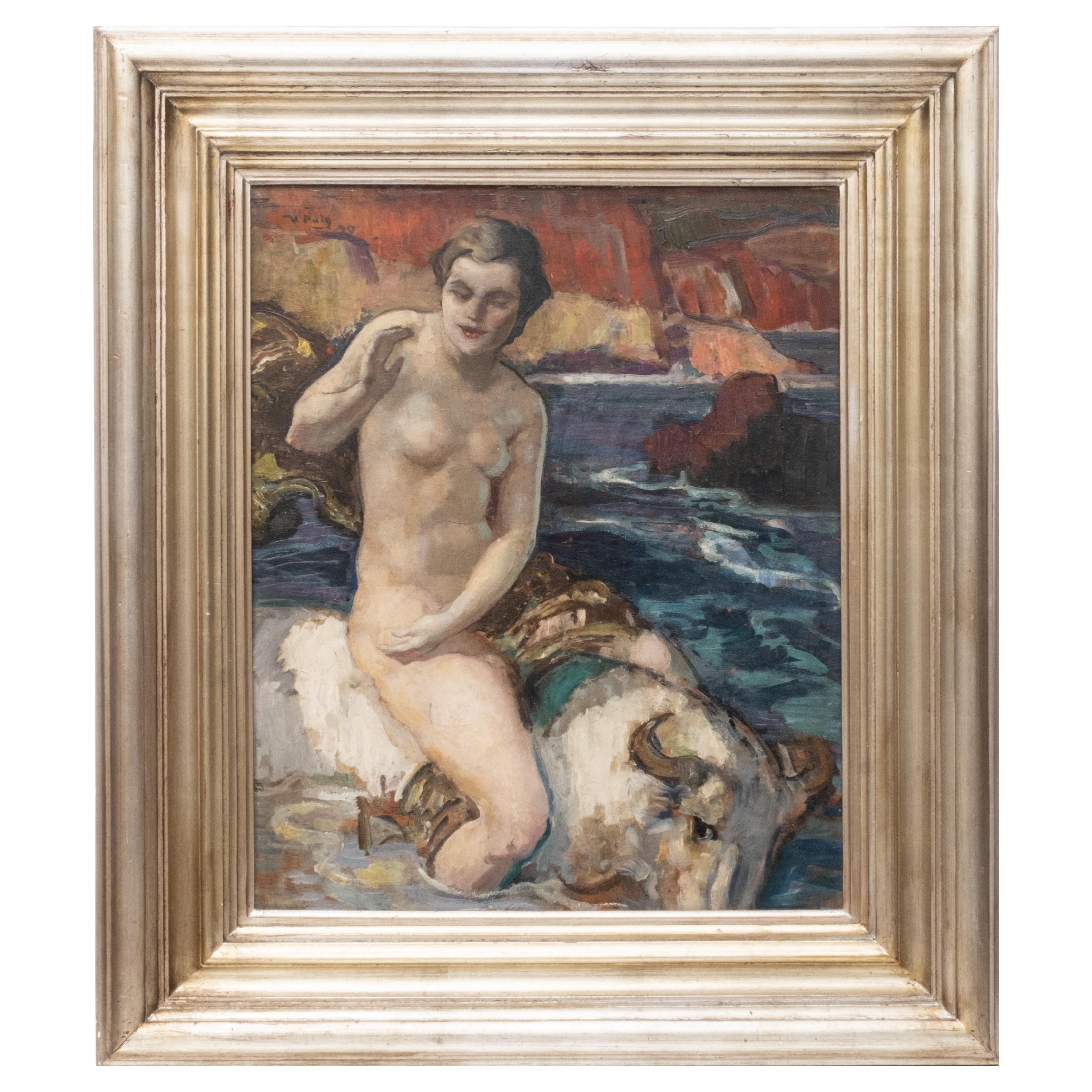 Vincente Puig, Oil Painting of Princess "Europa" Riding The God Zeus In The Form For Sale