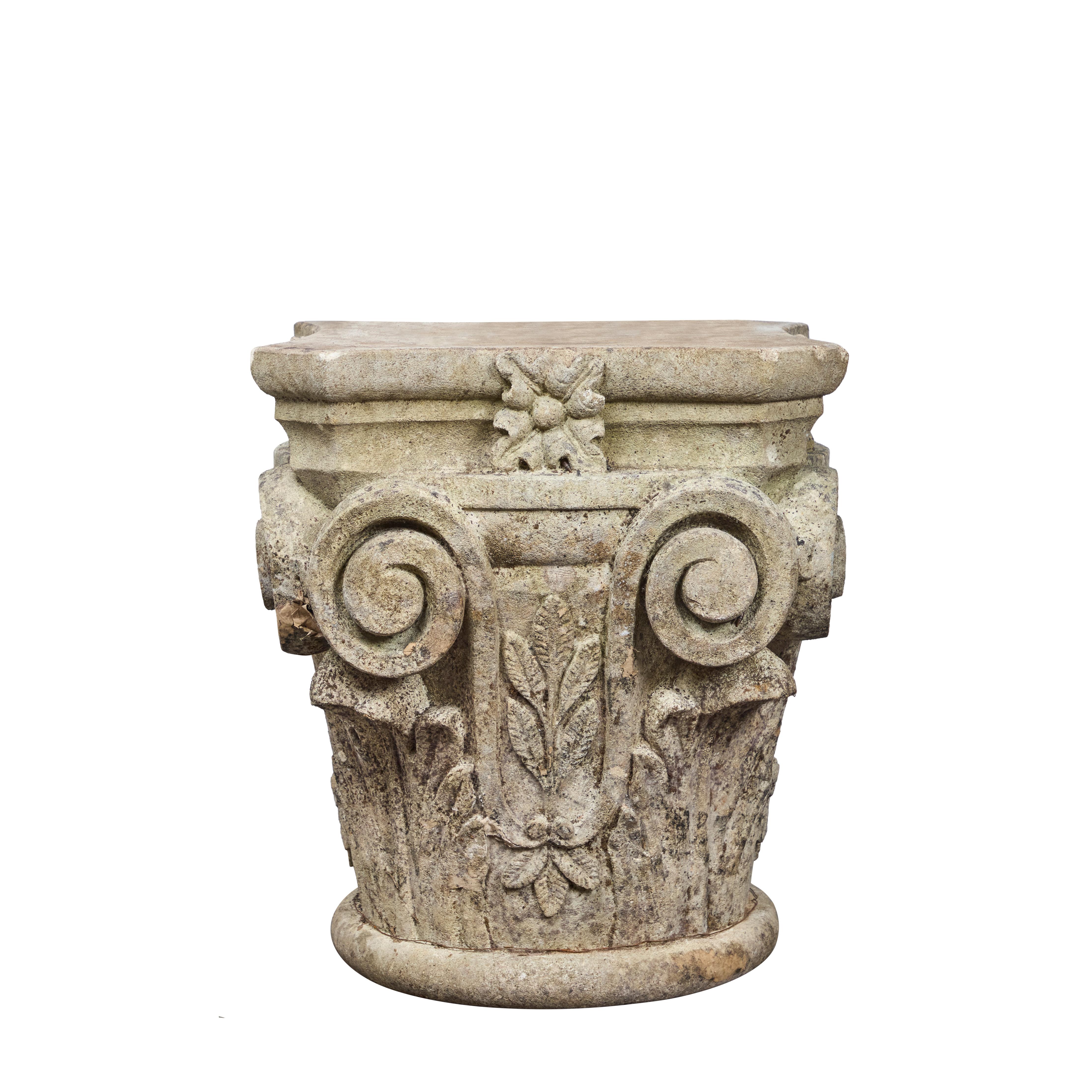A large, hand carved Vincenza limestone Corinthian capital.
