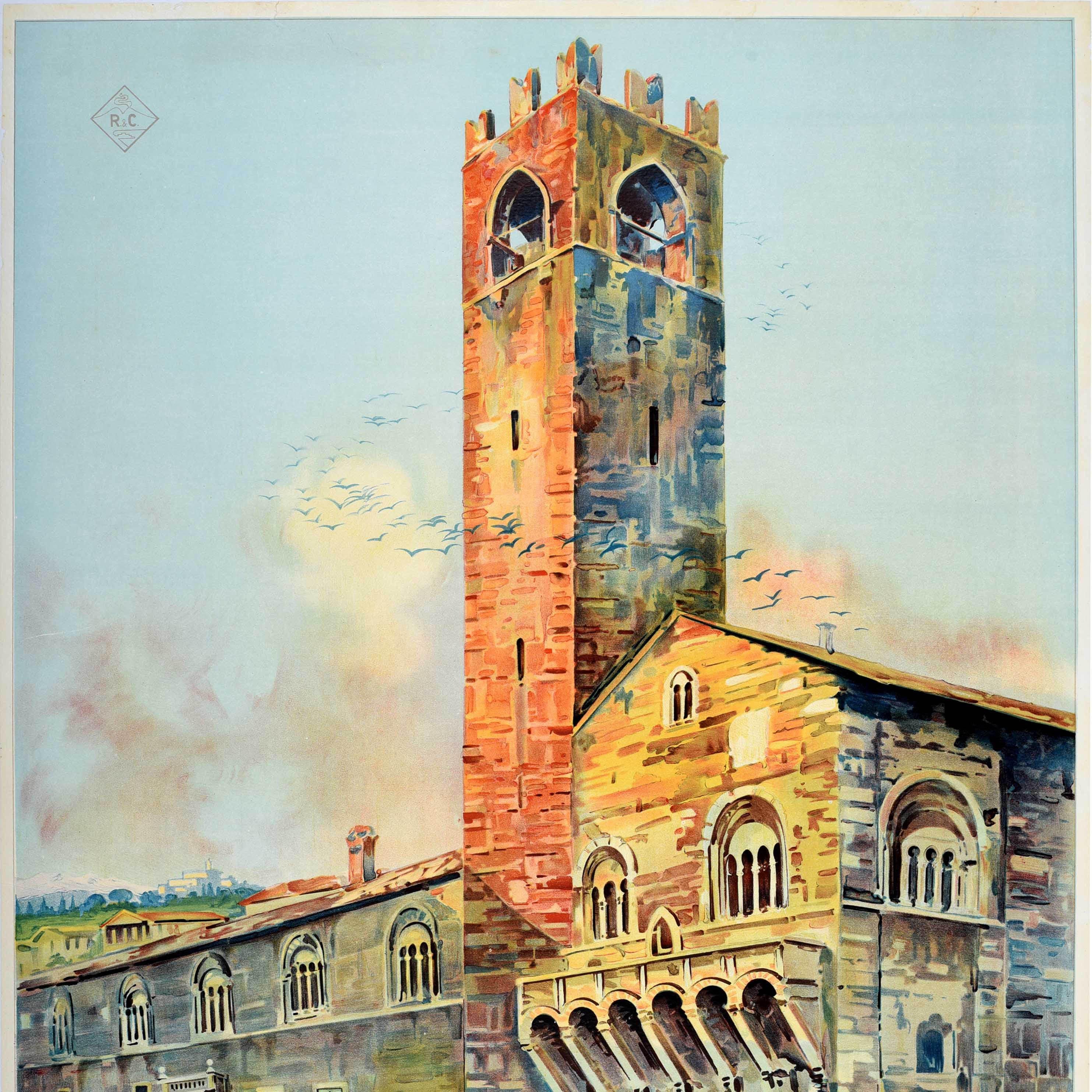Original vintage travel poster for Brescia issued by the Italian Tourism Board ENIT featuring a flock of birds flying around the stone tower of the historic Palazzo Broletto Palace with people walking under the Piazza Balcony and along the civic