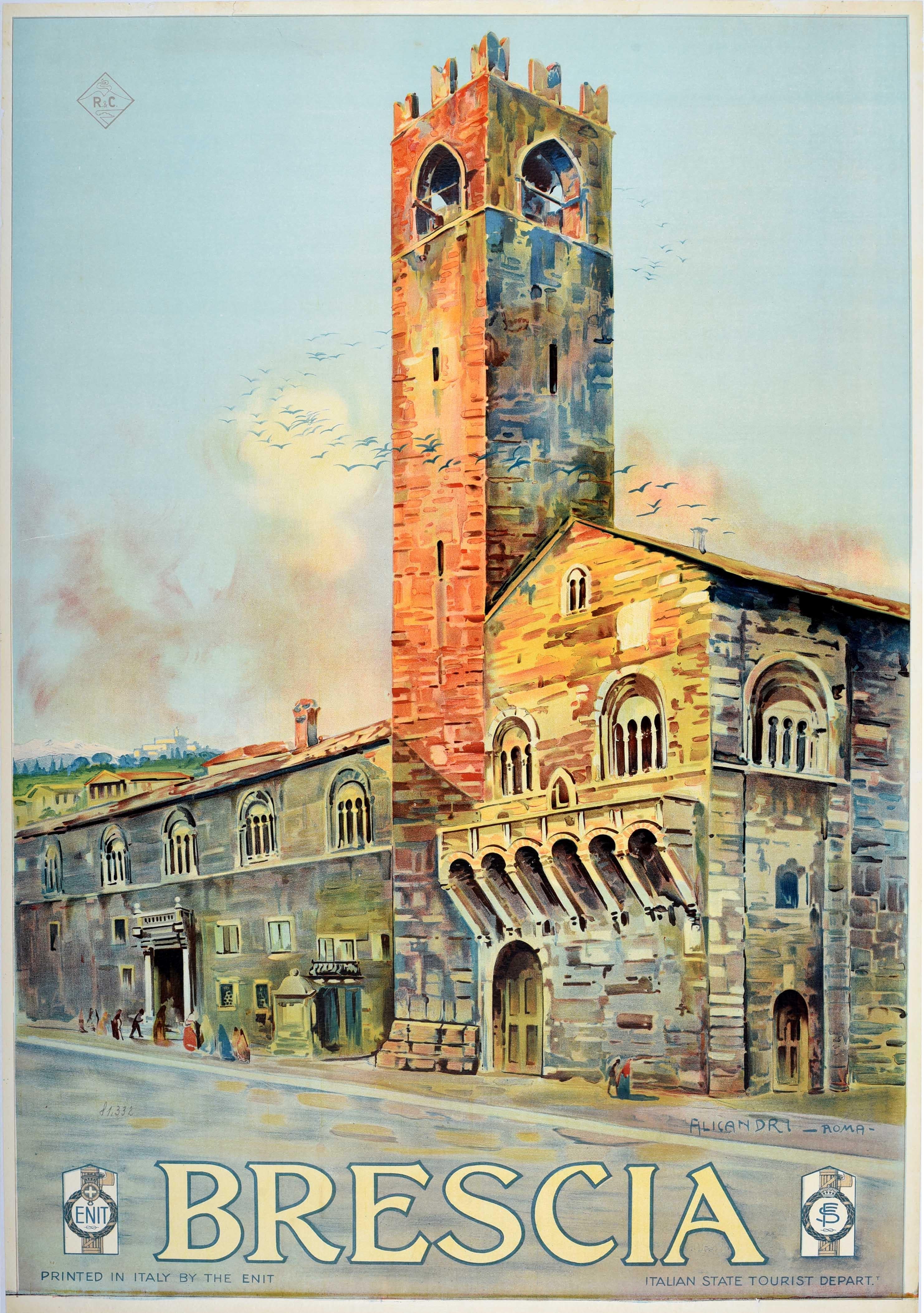 Vincenzo Alicandri Print - Original Vintage Travel Poster Brescia ENIT Palazzo Broletto Lombardy Italy