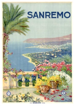 Manifesto di viaggio vintage di Sanremo, Italia — ENIT di VincenzoAlicandri  con fondo in lino