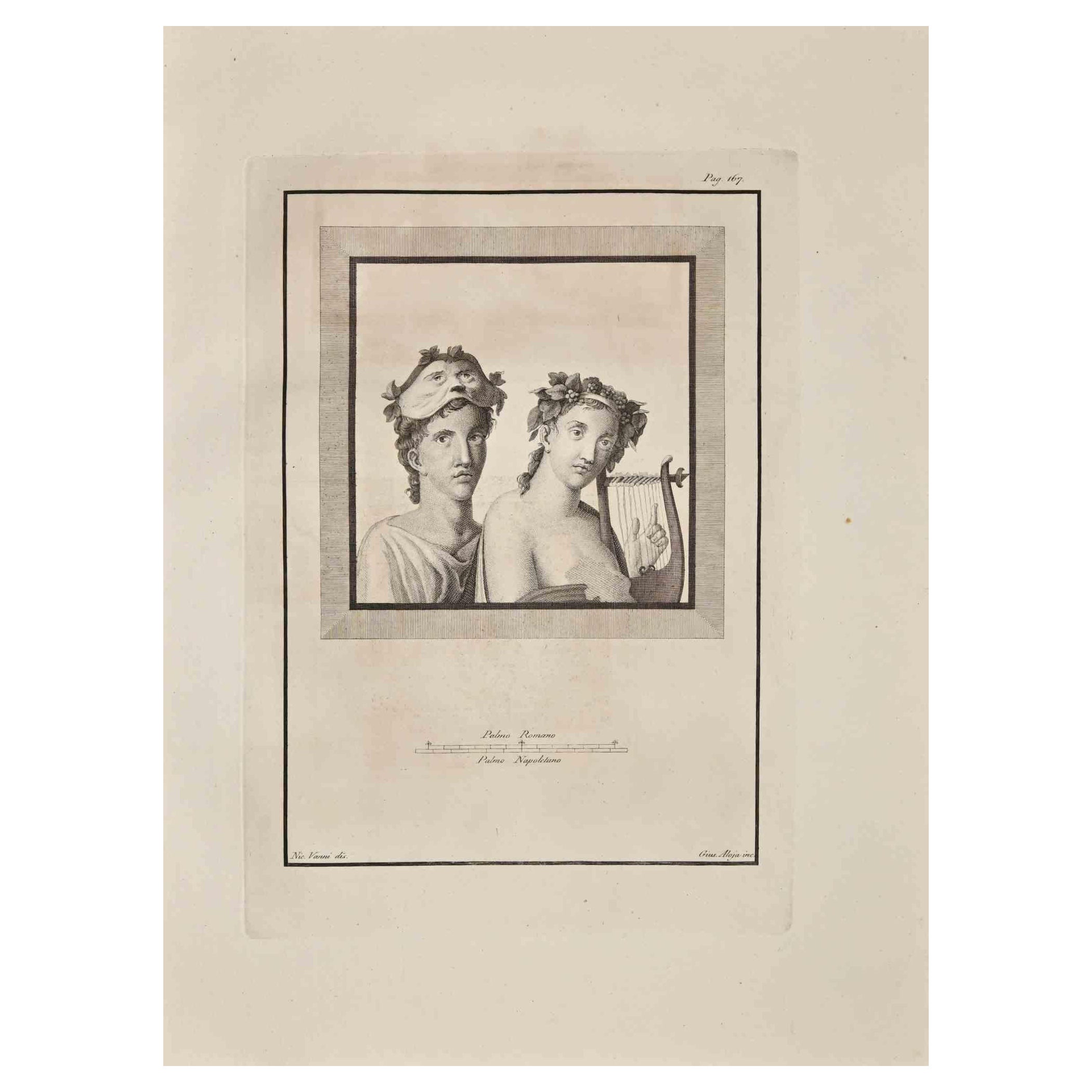 Figurative Print Vincenzo Aloja - Ancienne crédence romaine Fresco Herculaneum - gravure originale de V. Aloja  XVIIIe siècle