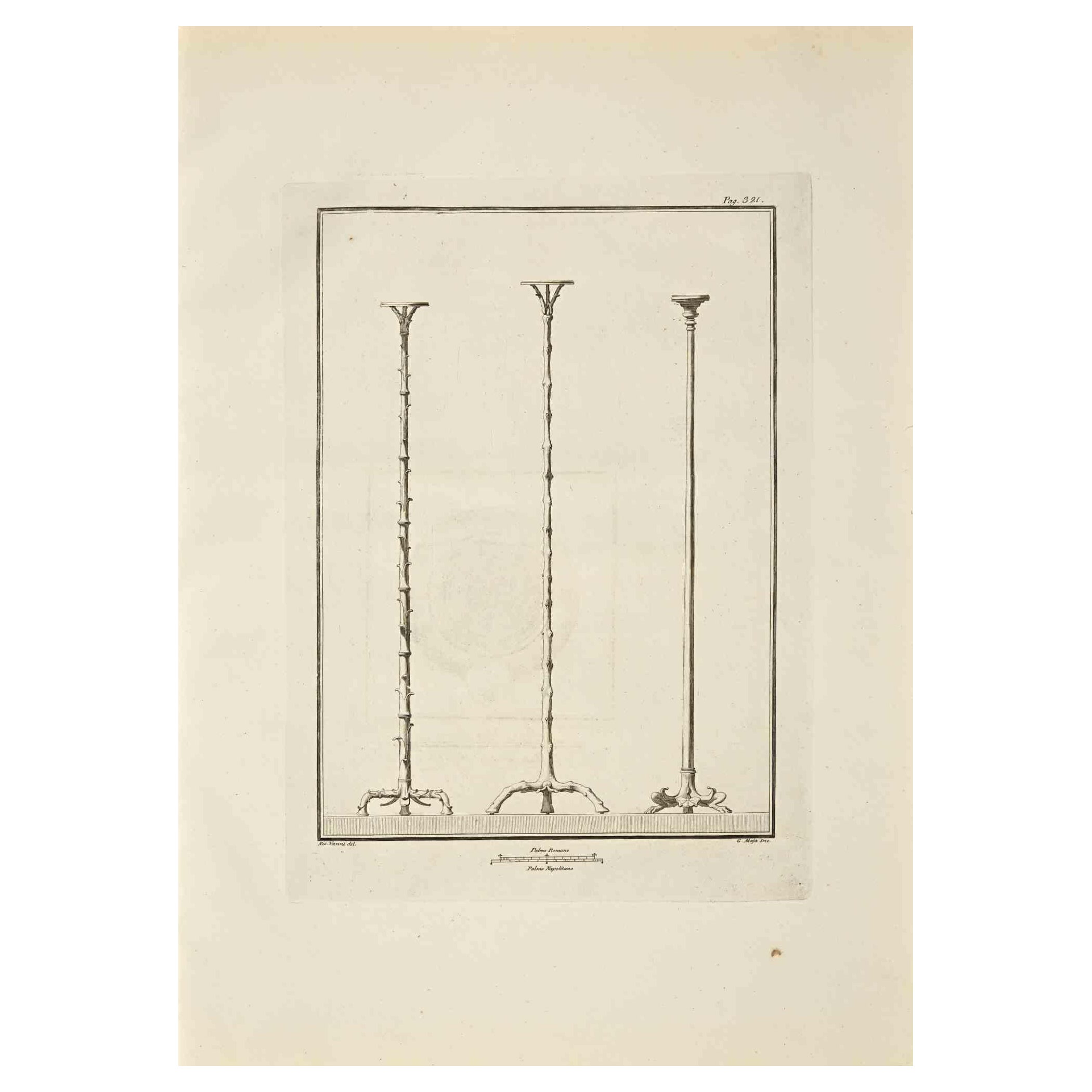 Ancien Herculanum romain Fresco - gravure originale de V. Aloja  - 18ème siècle