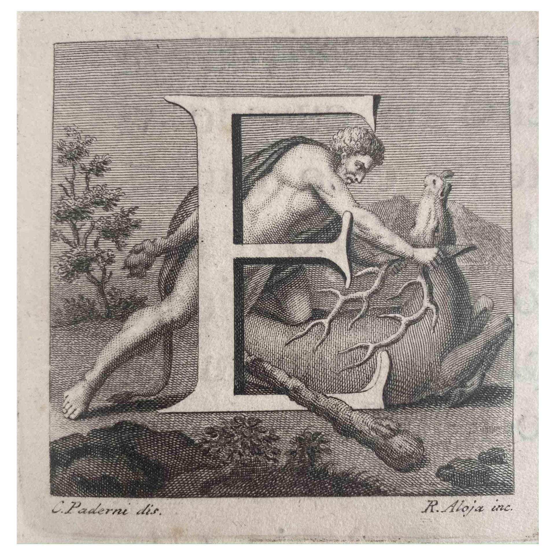 Antiquités d'Herculanum -  Lettre E - Gravure par V. Aloja - 18ème siècle