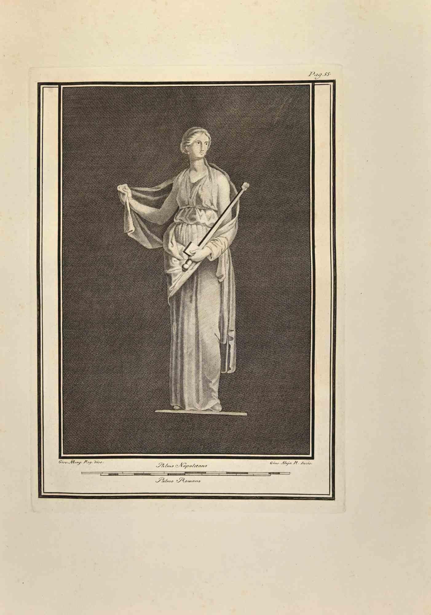 Erato, The Muse of Lyric from "Antiquities of Herculaneum" is an etching on paper realized by Vincenzo Aloja in the 18th Century.

Signed on the plate.

Good conditions.

The etching belongs to the print suite “Antiquities of Herculaneum Exposed”