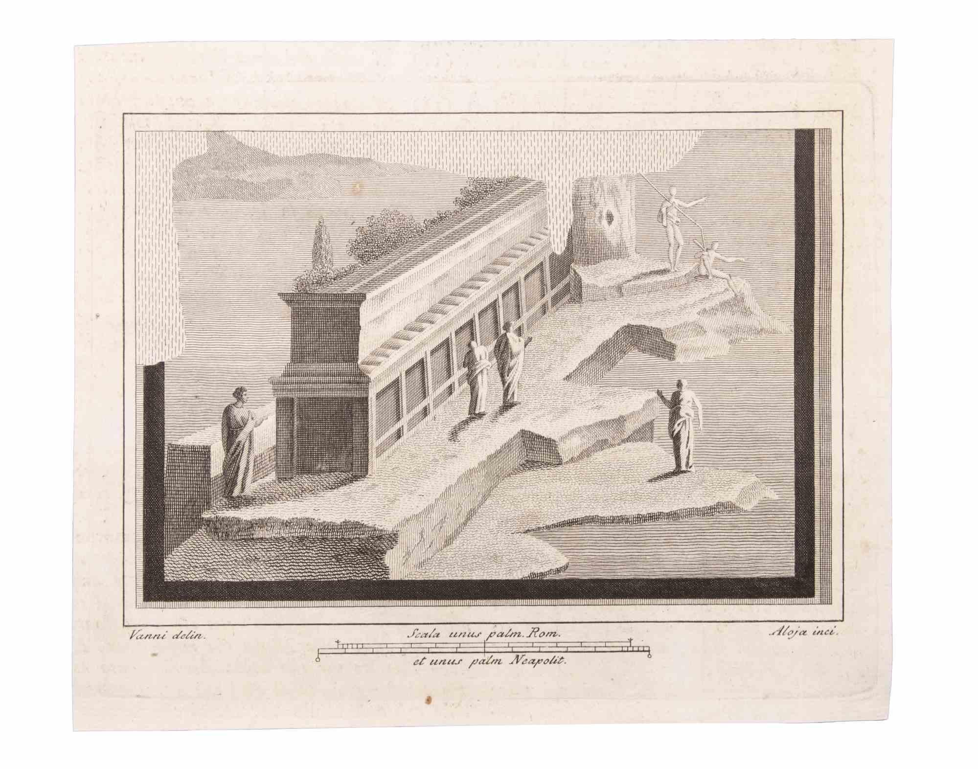 Monument With Figures is an Etching realized by  Luigi Aloja (1783-1837).

The etching belongs to the print suite “Antiquities of Herculaneum Exposed” (original title: “Le Antichità di Ercolano Esposte”), an eight-volume volume of engravings of the