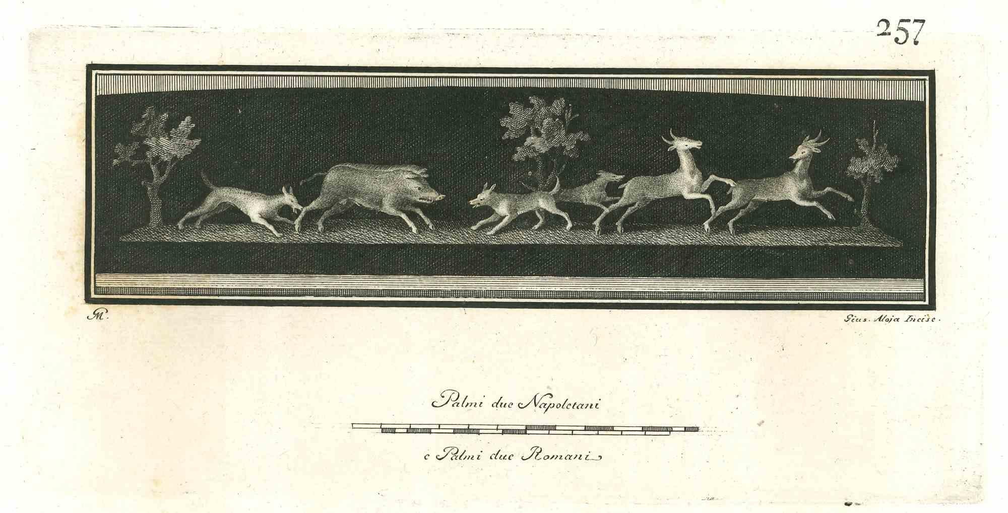 Vincenzo Aloja Figurative Print - Ancient Roman Fresco of Animals - Original Etching by V. Aloja - 18th Century