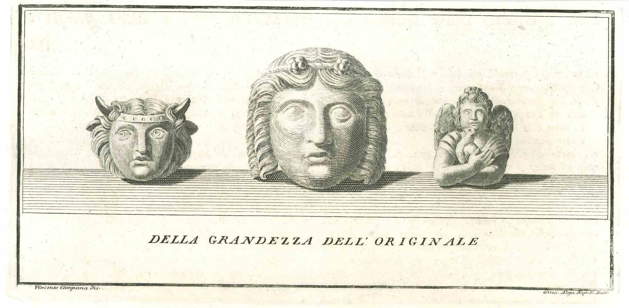 Statue romaine antique, de la série "Antiquités d'Herculanum", est une gravure originale sur papier réalisée par Vincenzo Aloja au XVIIIe siècle.

Signé sur la plaque en bas à droite

En bon état mais vieillis.

La gravure appartient à la suite