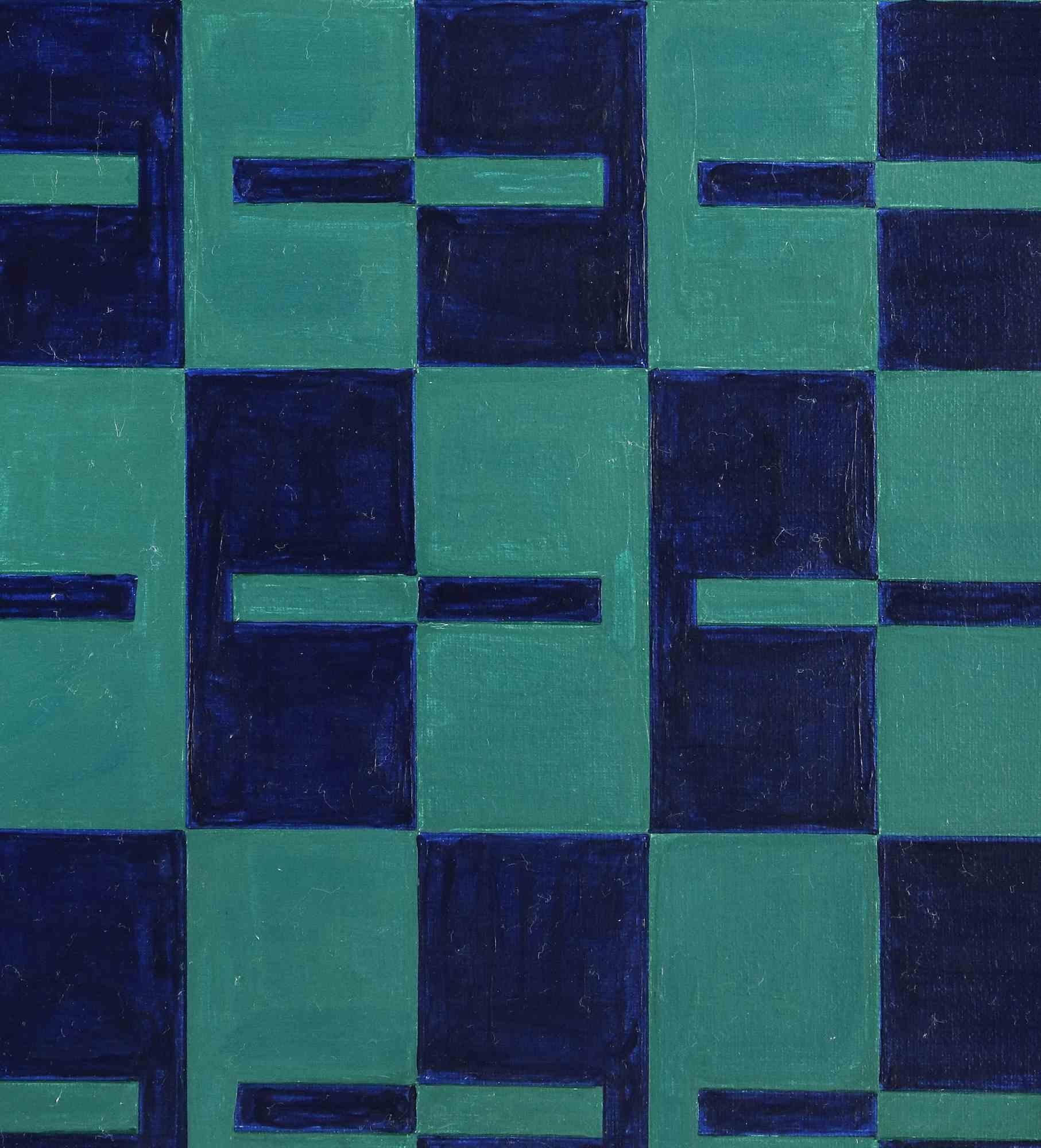 Blue Composition is an original contemporary artwork realized by Vincenzo Arena in 1970.

Mixed colored oil painting on canvas.

Label on the back with details about the artwork.