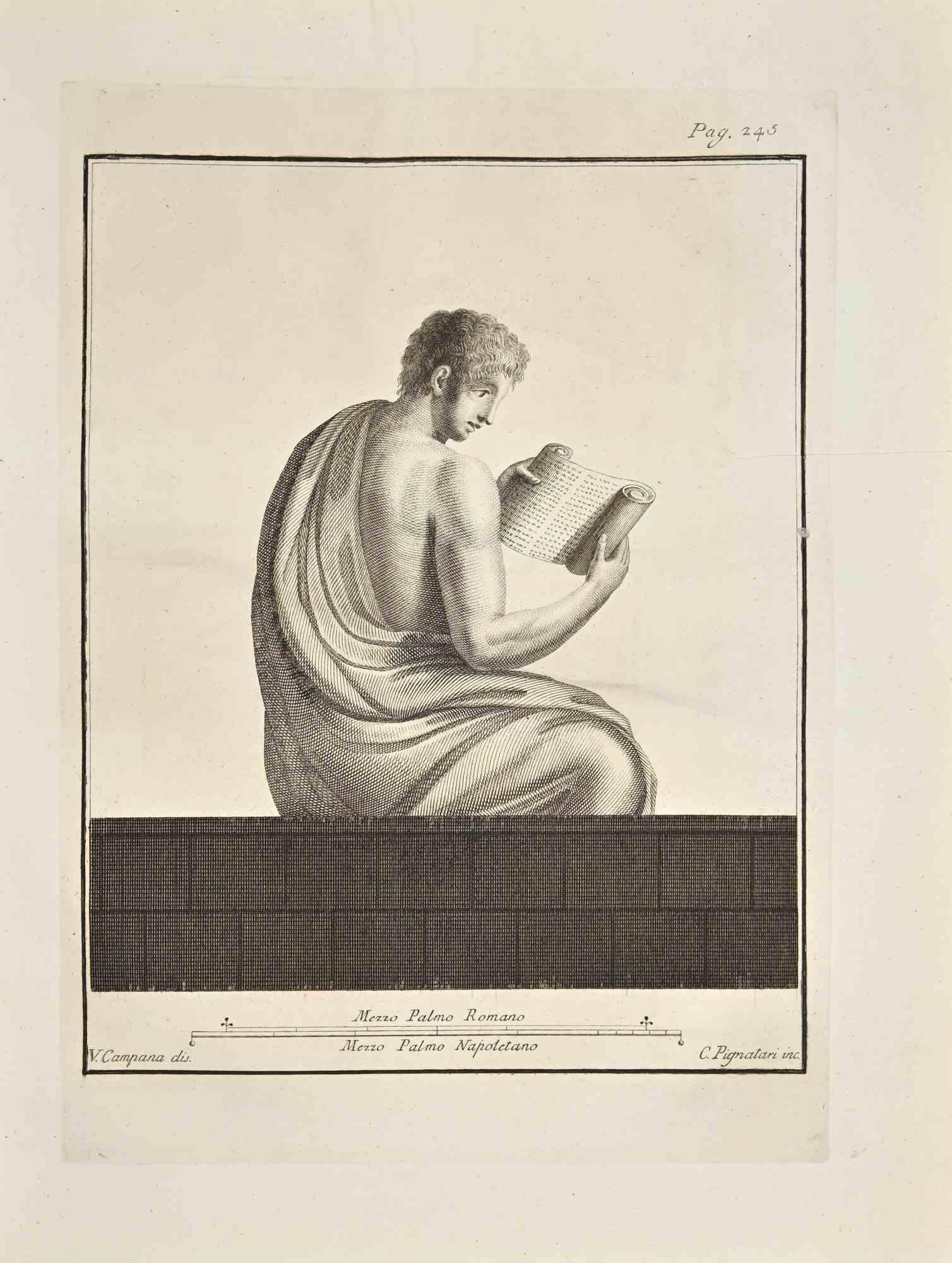 Ancient Reader from  "Antiquities of Herculaneum", is an etching on paper realized by Vincenzo Campana in the 18th Century.

Signed on the plate.

Good conditions with some foxing and folding.

 The etching belongs to the print suite “Antiquities of