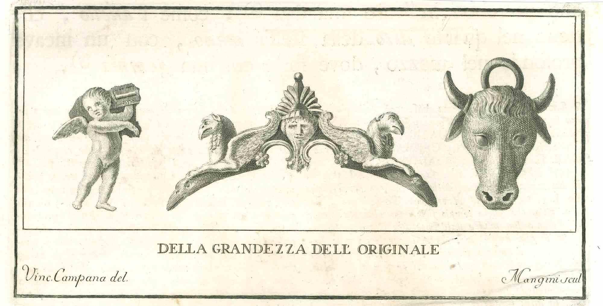 Ancient Roman Decoration, from the series "Antiquities of Herculaneum", is an original etching on paper realized by Vincenzo Campana in the 18th century.

Signed on the plate on the left.

Good condition.

The etching belongs to the print suite