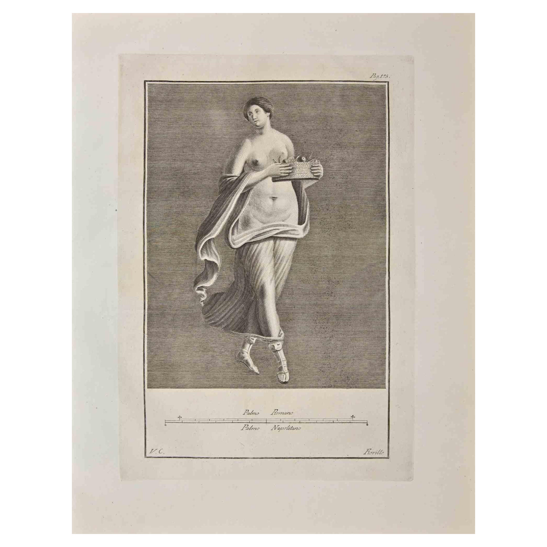 Ancienne gravure romaine Fresco Herculaneum - V. Campana - 18ème siècle