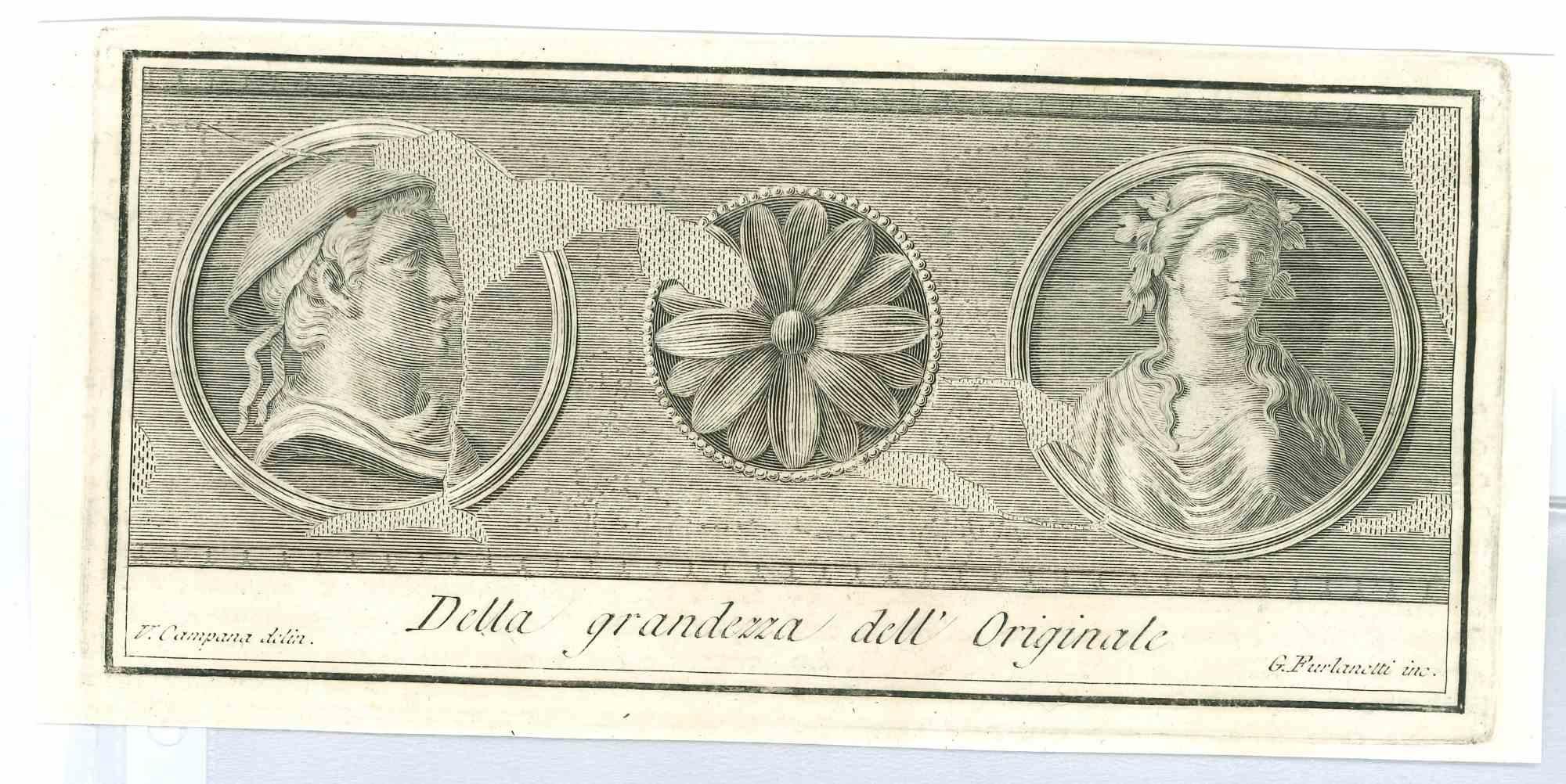 Ancient Roman Fresco Portraits, from the series "Antiquities of Herculaneum", is an original etching on paper realized by Vincenzo Campana in the 18th century.

Signed on the plate.

Guter Zustand.

The etching belongs to the print suite