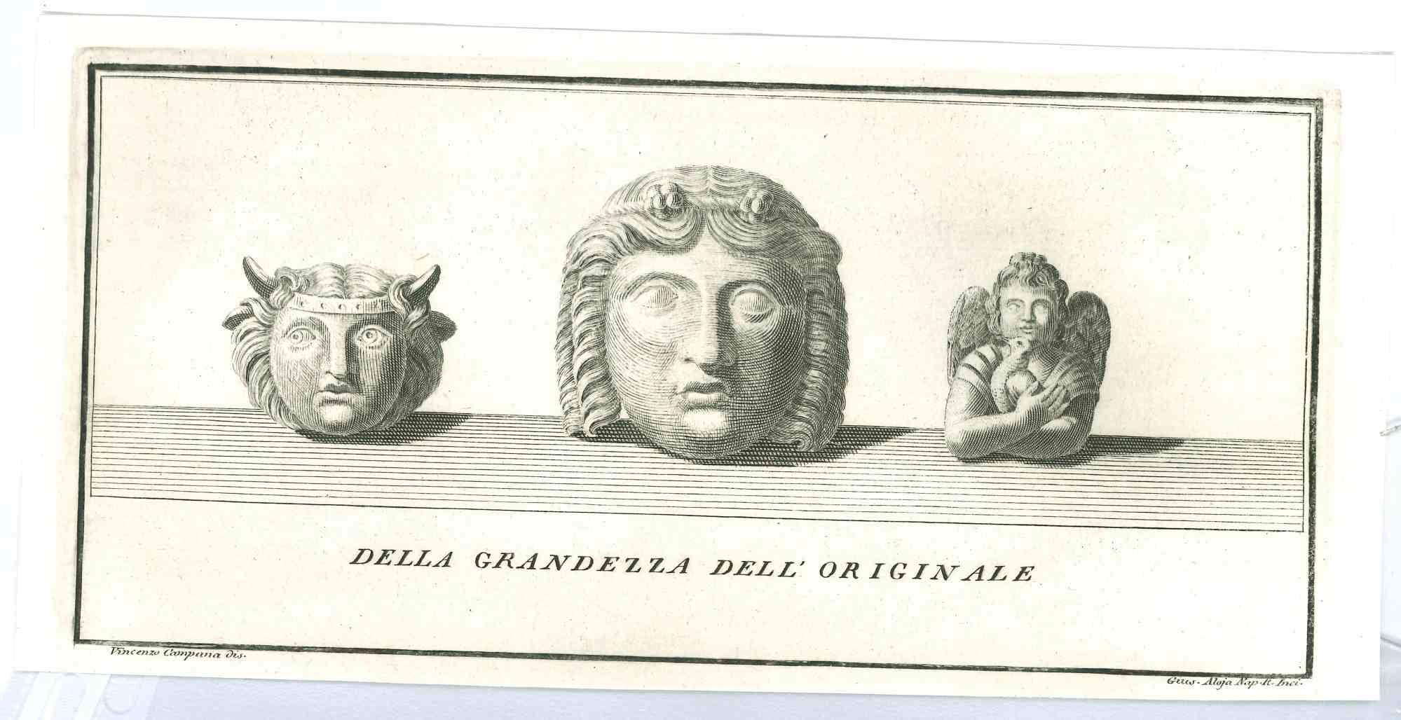 Ancient Roman Protecting Heads, from the series "Antiquities of Herculaneum", is an original etching on paper realized by Vincenzo Campana in the 18th century.

Signed on the plate.

Guter Zustand.

The etching belongs to the print suite