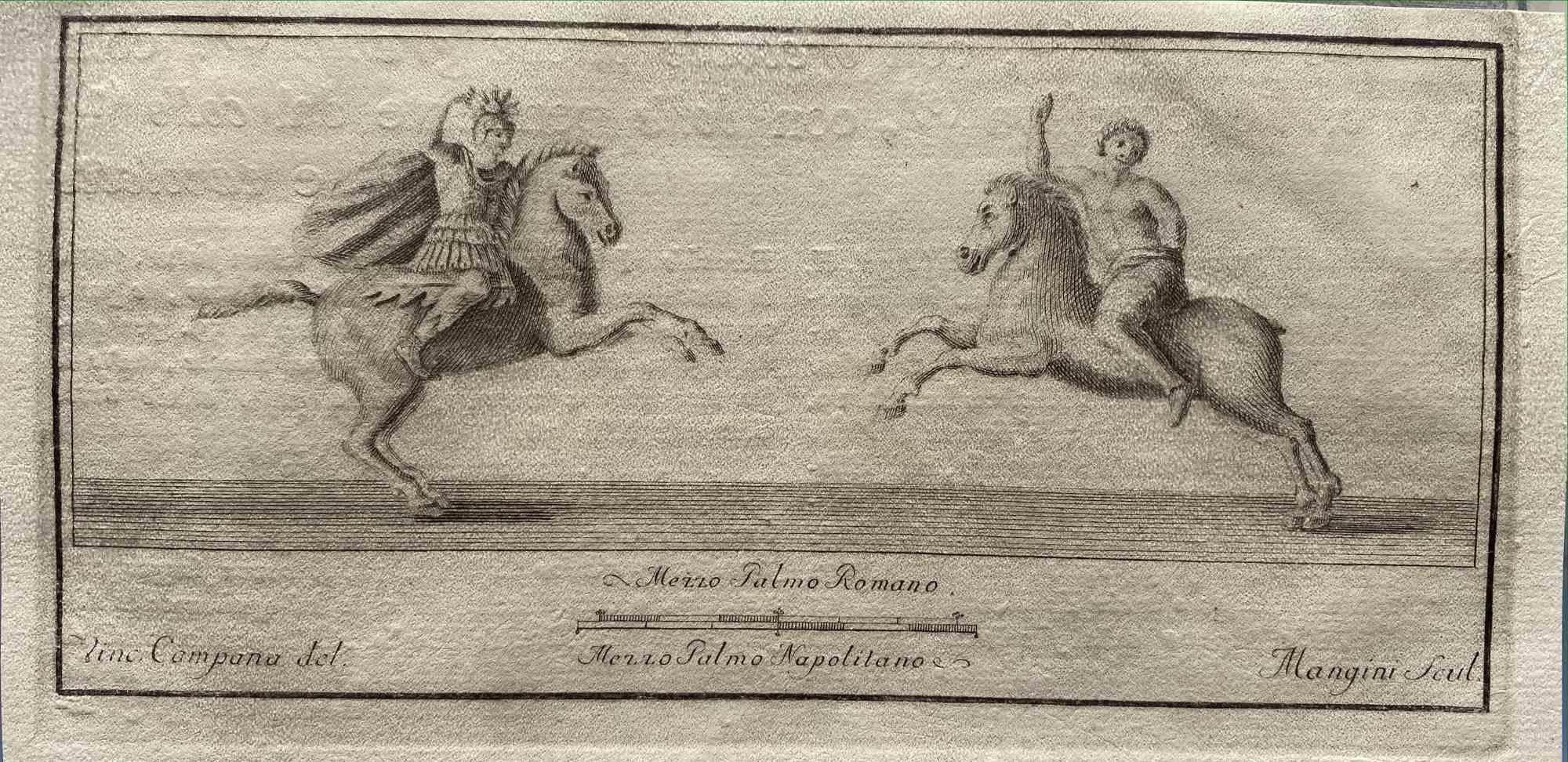 Ancient Roman Riders, from the series "Antiquities of Herculaneum", is an original etching on paper realized by Vincenzo Campana in the 18th century.

Signed on the plate on the lower left

Good condition.

The etching belongs to the print suite