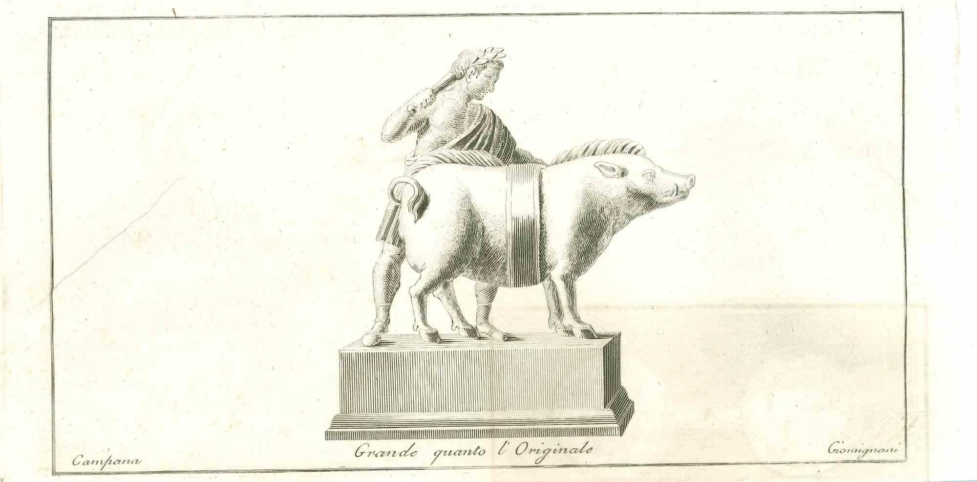 Statue romaine antique, de la série "Antiquités d'Herculanum", est une gravure originale sur papier réalisée par Vincenzo Campana au XVIIIe siècle.
Signé sur la plaque en bas à gauche.
Bon état mais vieilli.
 
La gravure appartient à la suite