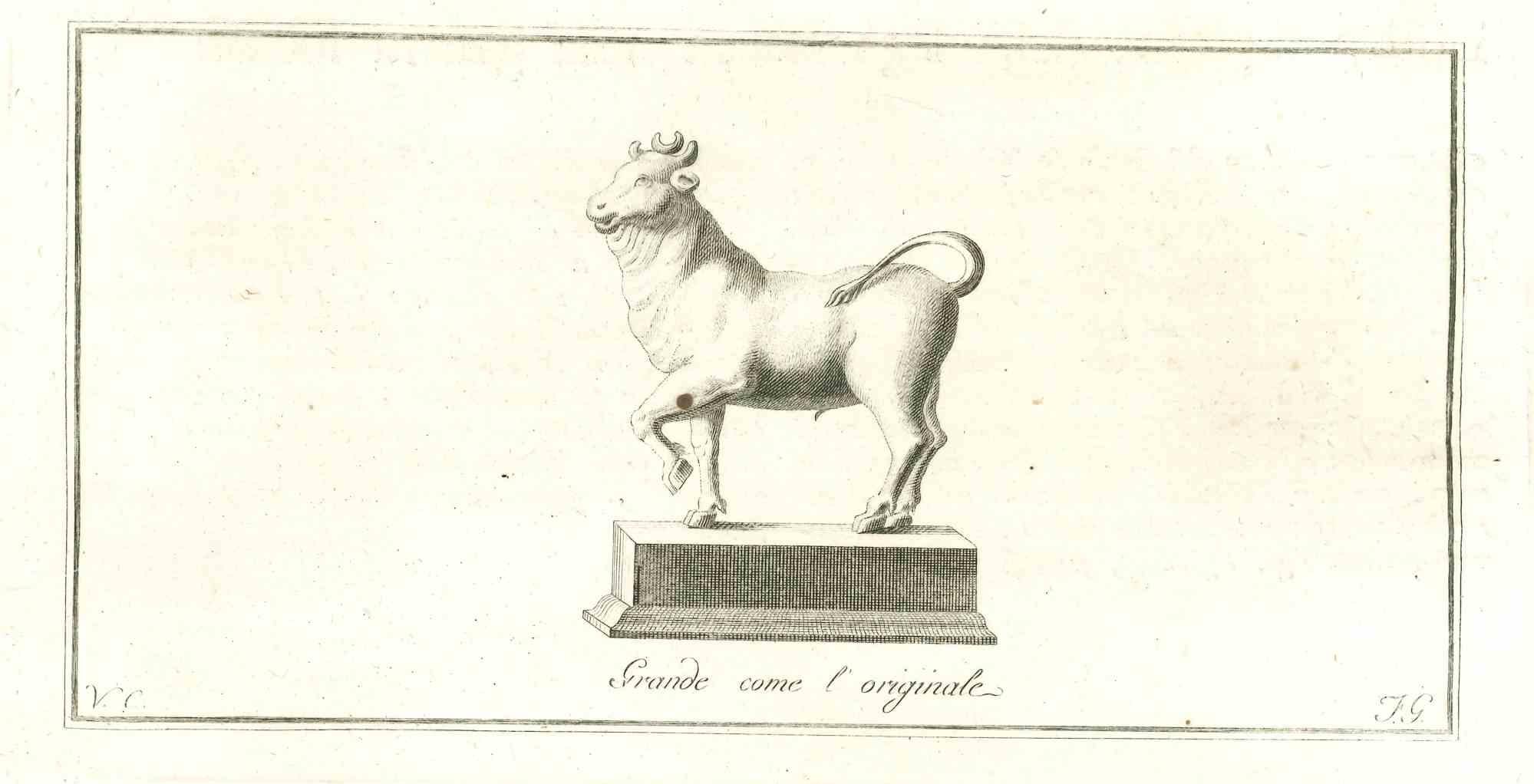 Statue romaine antique - gravure originale de Vincenzo Campana  XVIIIe siècle