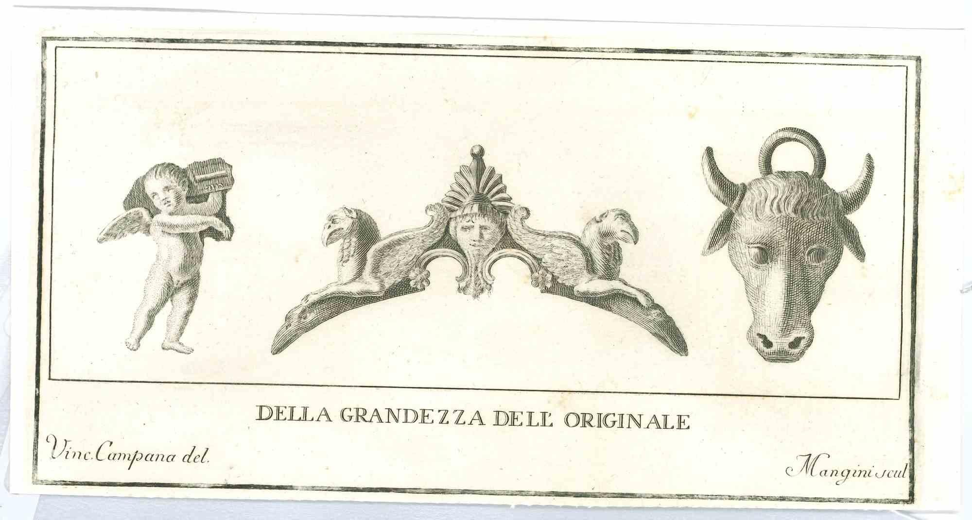 Ancient Roman Statues, from the series "Antiquities of Herculaneum", is an original etching on paper realized from a design by Vincenzo Campana in the 18th Century.

Signed on the plate.

Good conditions.

The etching belongs to the print suite