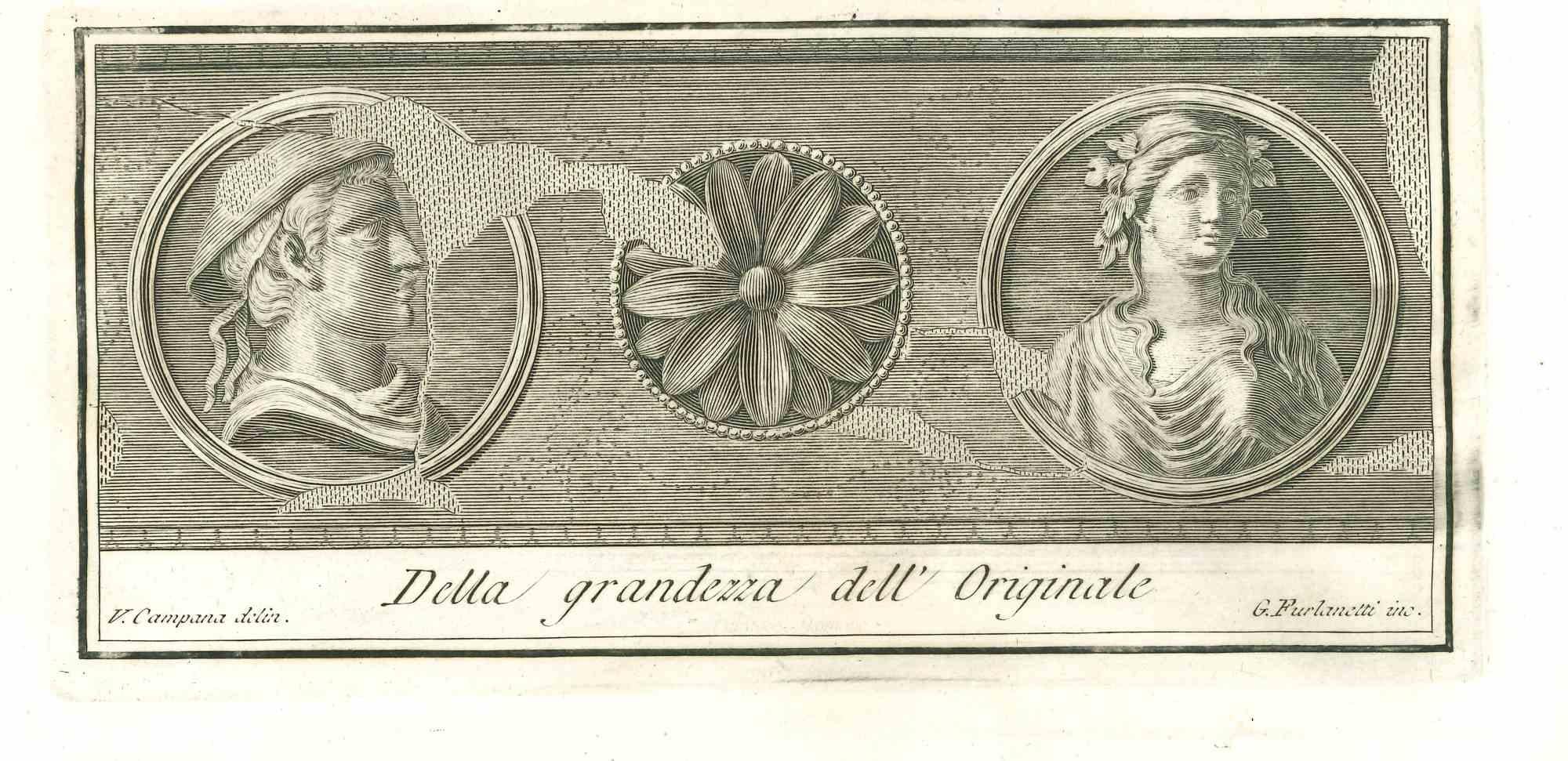 Ancient Roman Statues, from the series "Antiquities of Herculaneum", is an original etching on paper realized from a design by Vincenzo Campana in the 18th Century.

Signed on the plate.

Good conditions.

The etching belongs to the print suite