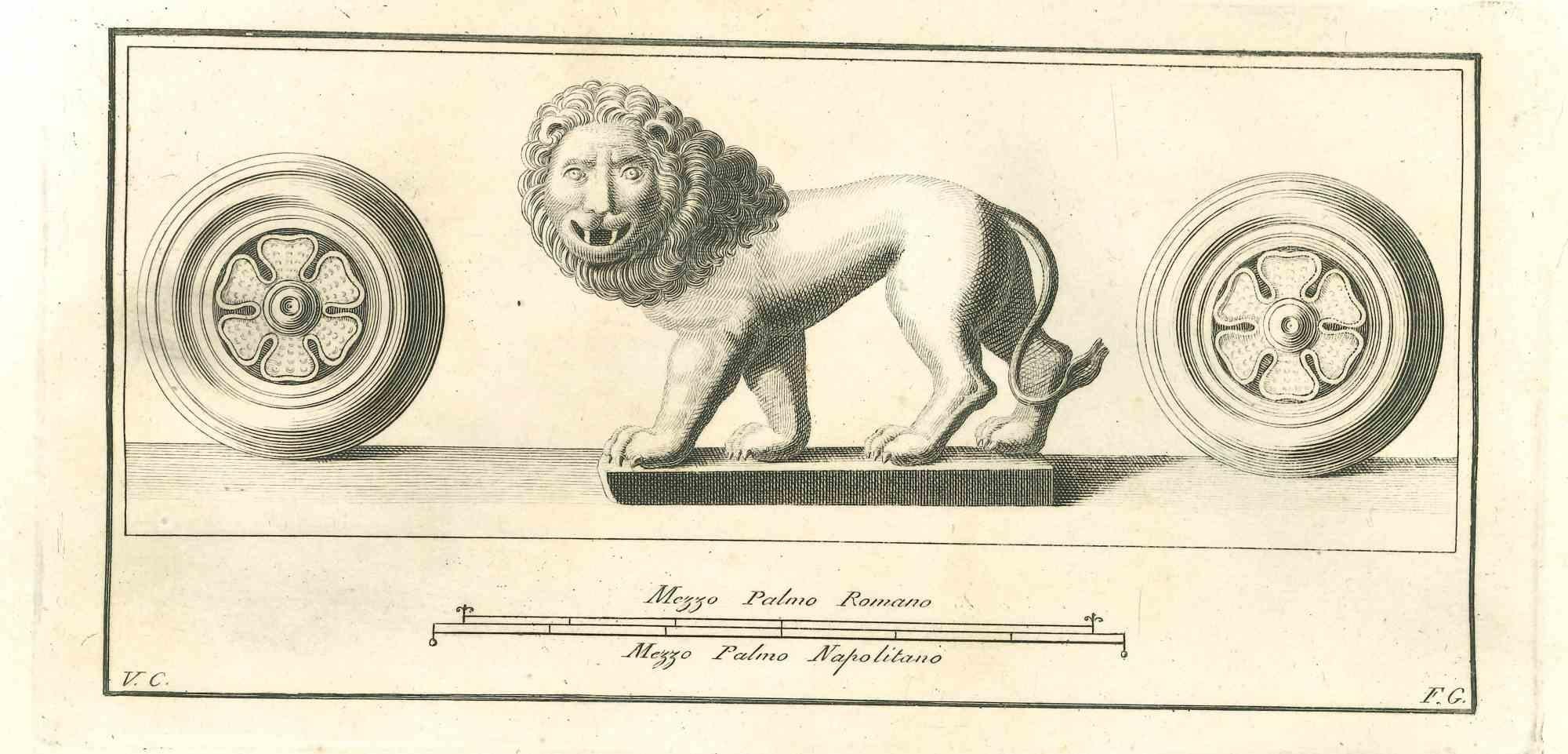 Statues romaines anciennes - gravure originale de Vincenzo Campana - 18ème siècle