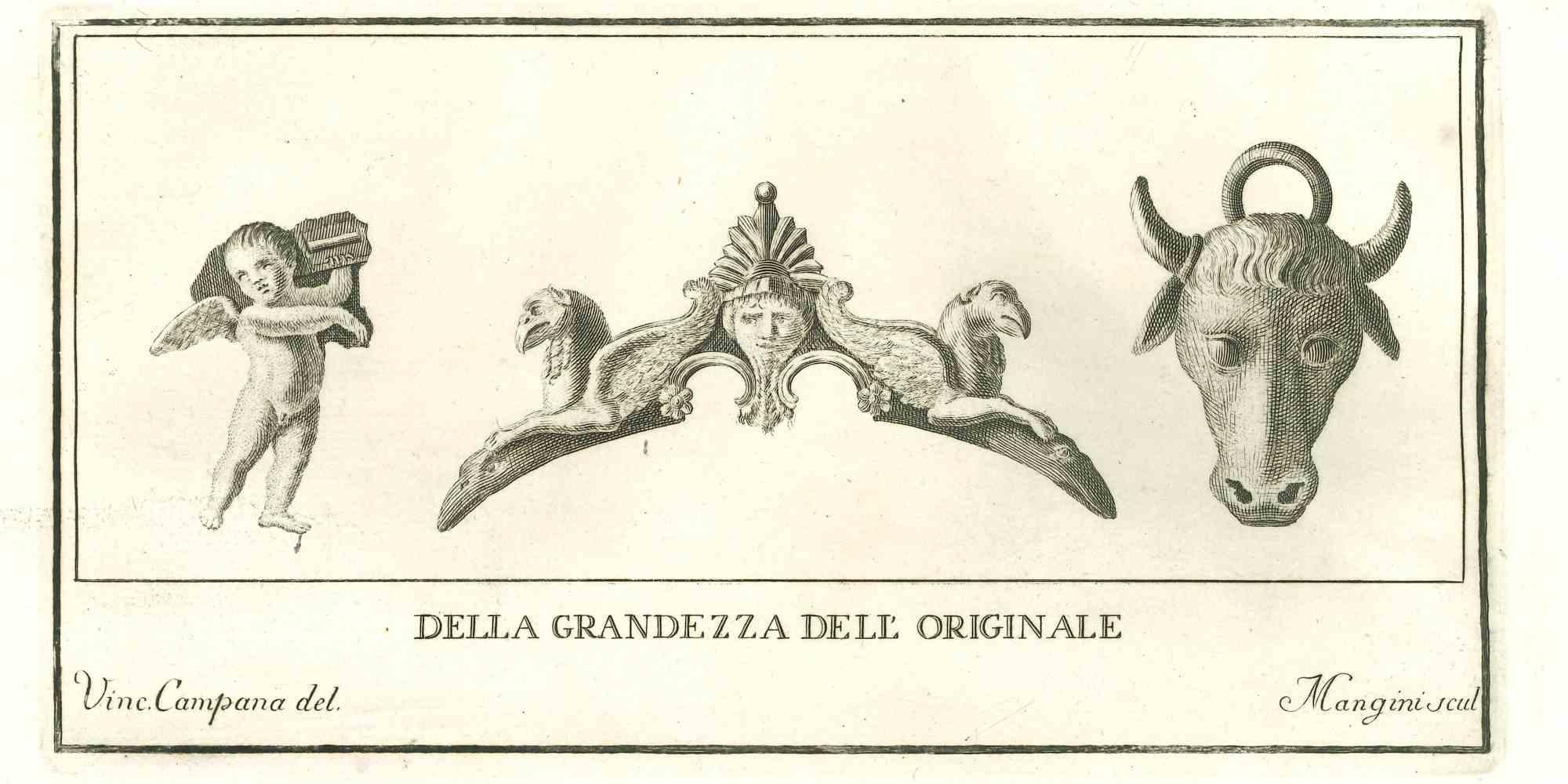 Statue antiche romane, dalla serie "Antichità di Ercolano", è un'acquaforte originale su carta realizzata su disegno di Vincenzo Campana nel XVIII secolo.

Firmato sul piatto.

Buone condizioni.

L'incisione appartiene alla suite di stampe