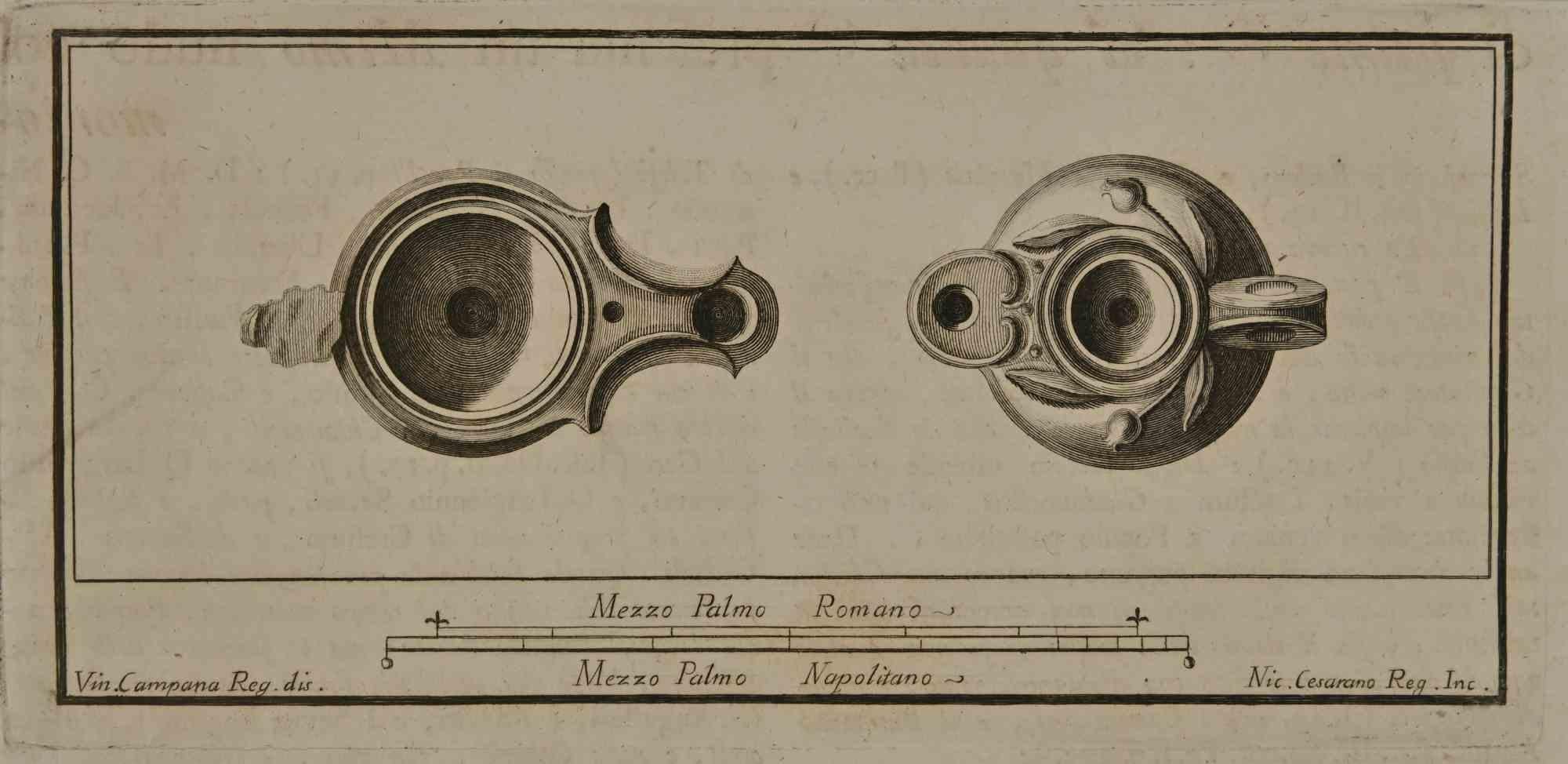 Ancient Roman Still Life from the series "Antiquities of Herculaneum", is an etching on paper realized by Nicola Cesarano and Vincenzo Campana in the 18th Century.

Signed on the plate.

The etching belongs to the print suite “Antiquities of