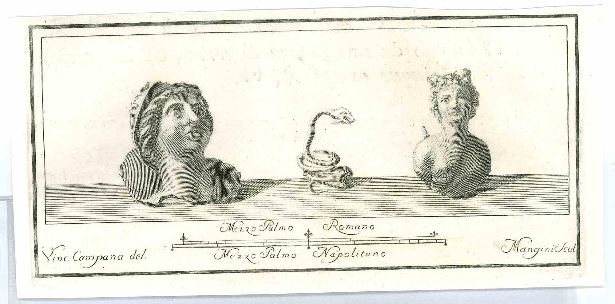 Angitia  - Marsian Goddess of Snakes and Healing, from the series "Antiquities of Herculaneum", is an original etching on paper realized by Vincenzo Campana in the 18th century.

Signed on the plate.

Guter Zustand.

The etching belongs to the print