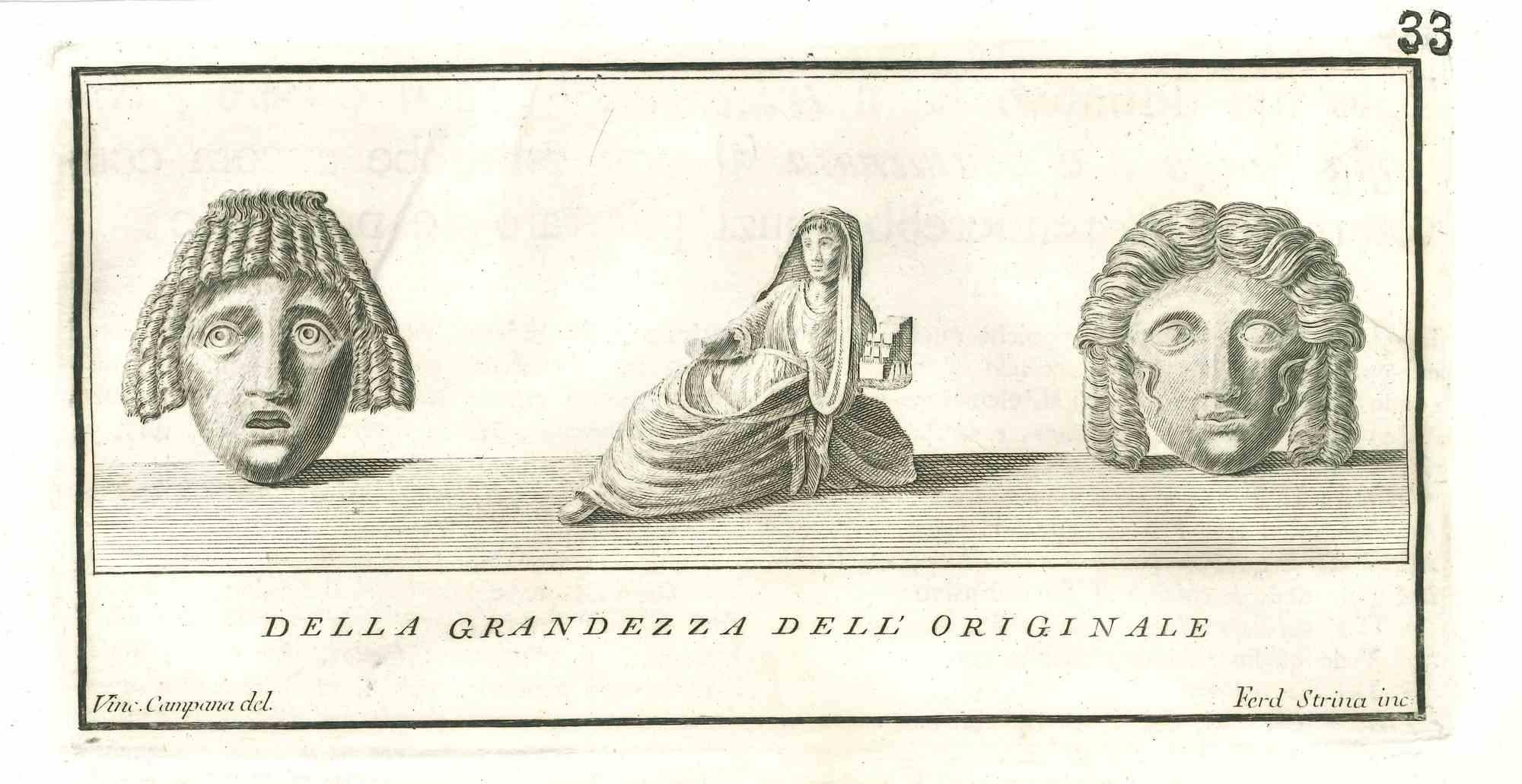 Antiquités d'Herculanum - gravure originale de Vincenzo Campana - 18ème siècle