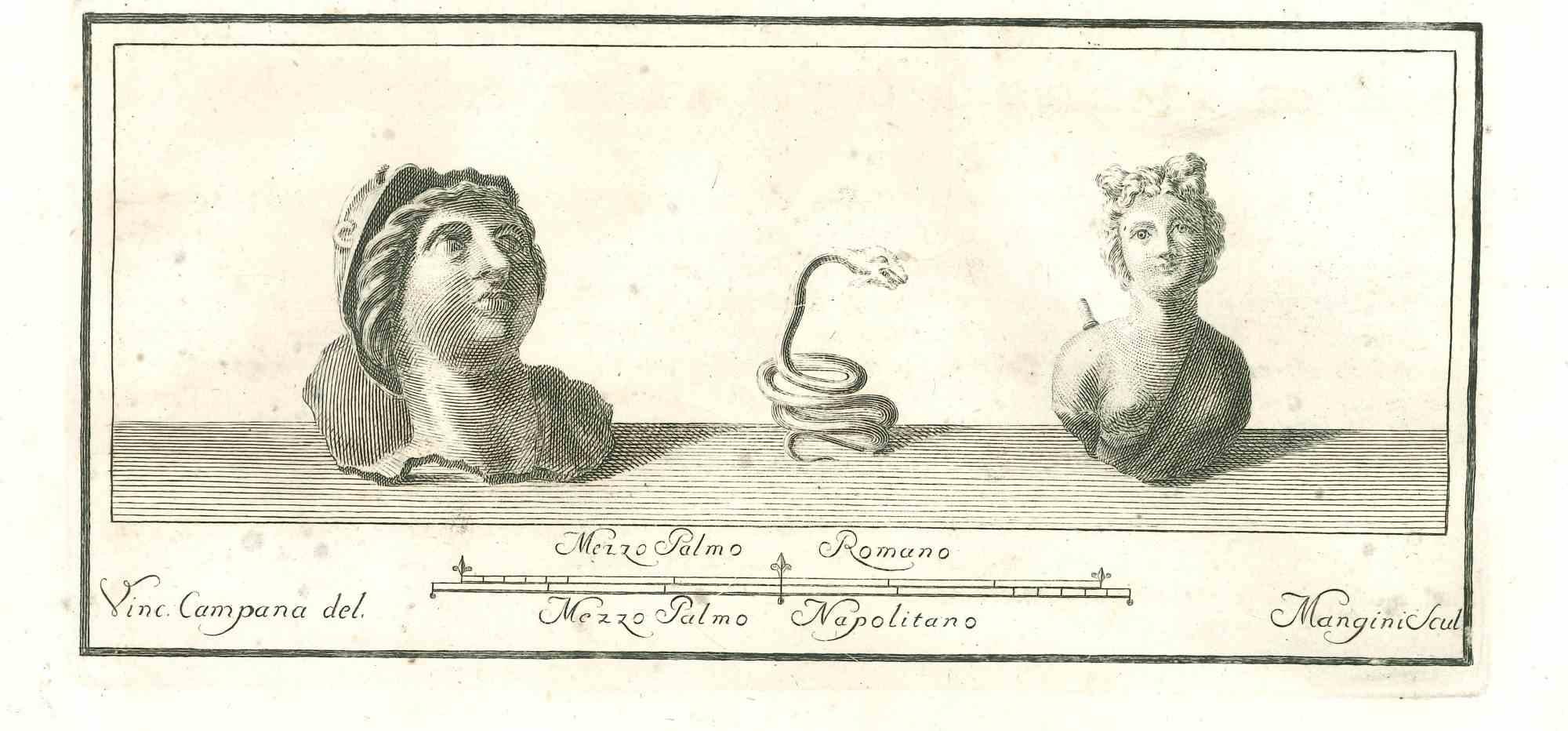 Antiquitäten von Herculaneum aufgedeckt, Original-Radierung vom Ende des 18. Jahrhunderts, von verschiedenen alten Meistern geschaffen.

Signiert unten links auf der Platte V. campana.

Guter Zustand und gealtert.
 
Die Radierung gehört zu der