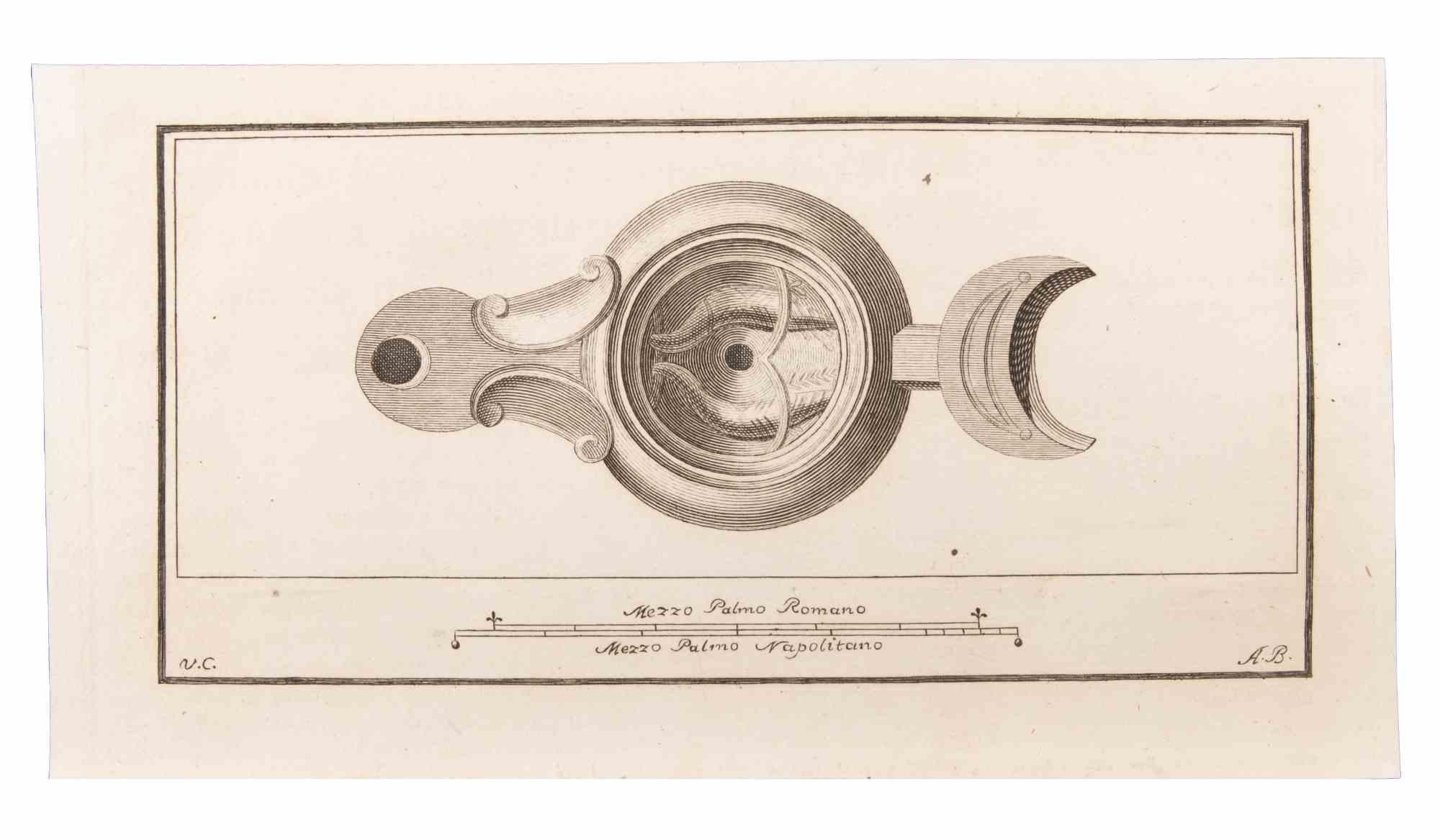 Lampe à huile est une gravure réalisée par Vincenzo Campana (1730-1806).

La gravure appartient à la suite d'estampes "Antiquités d'Herculanum exposées" (titre original : "Le Antichità di Ercolano Esposte"), un volume de huit gravures des
