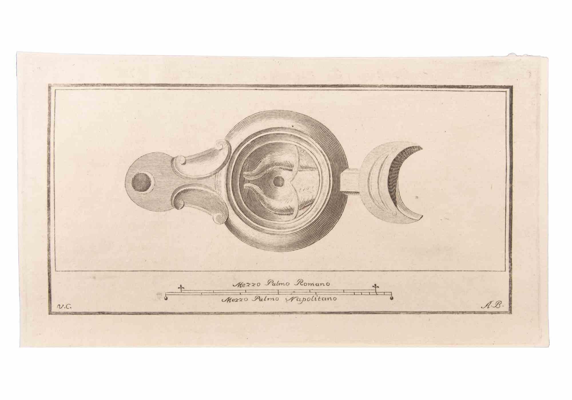 Oil Lamp is an Etching realized by  Vincenzo Campana (1730-1806).

The etching belongs to the print suite “Antiquities of Herculaneum Exposed” (original title: “Le Antichità di Ercolano Esposte”), an eight-volume volume of engravings of the finds